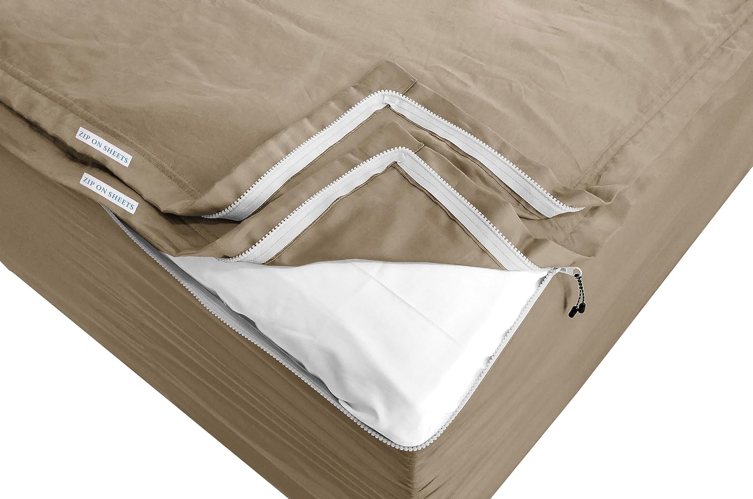 Zip On Sheets™ Zipper Fitted Sheet Queen Size - Upto 16' Inch Deep Pockets - Includes 1 Fitted Sheet Base & 2 Zip-On Sheets - Easy to Use, Sateen Cotton 500 TC Fitted Sheet - Baige