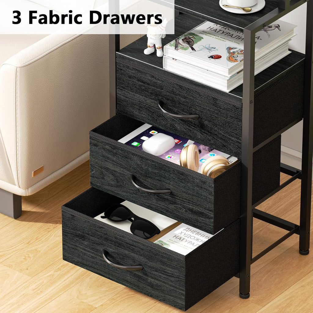 Furnulem Night Stand Set 2, Black nightstand Set of 2 with Charging Station, Bedside Table with Storage Shelf and 3 Fabric Drawers, Bed Side Table for Bedroom, Home Office, Dorm