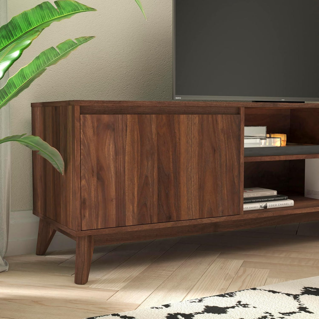 Flash Furniture Hatfield Mid-Century Modern TV Stand For 65+ Inch TV's - Walnut Laminate Finish - 70 Inch Media Center - Adjustable Center Shelf - Soft Close Doors