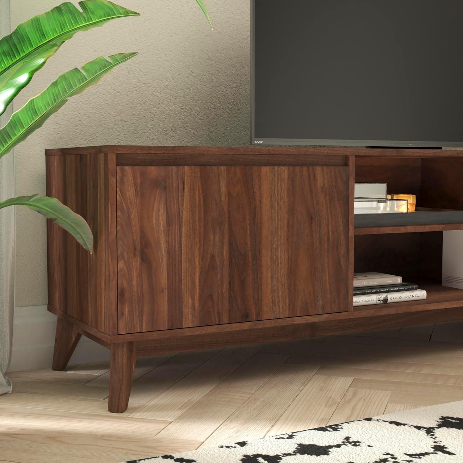 Flash Furniture Hatfield Mid-Century Modern TV Stand For 65+ Inch TV's - Walnut Laminate Finish - 70 Inch Media Center - Adjustable Center Shelf - Soft Close Doors