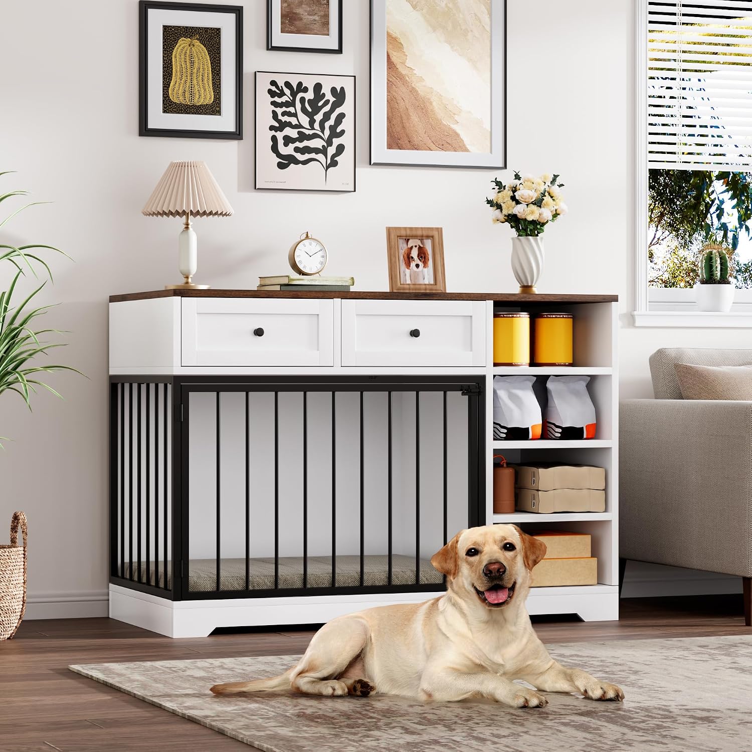 GarveeHome Dog Crate Furniture 47', Large Dog Crate TV Stand with 2 Drawers and 4 Shelves, Wooden Dog Kennel Indoor, Decorative Dog Cage with Storage for Large Dogs, White