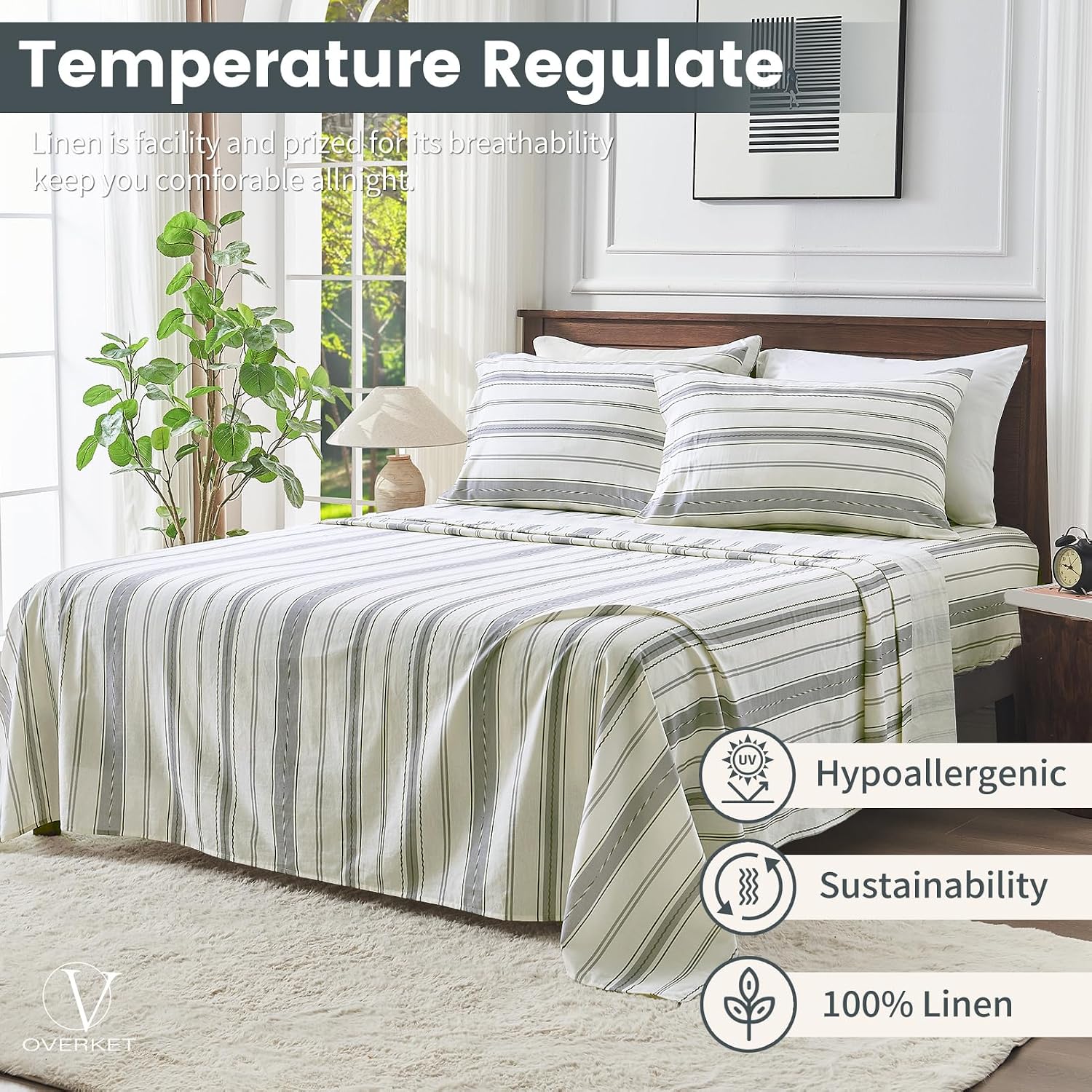 100% Linen Sheets Queen Size,Breathable & Durable 4-Piece Bed Flax Stripes Sheet Set,Soft All-Season Bedding for Hot Sleepers 16' Deep Pocket Oeko-TEX Certified,（Queen, Grey Stripes）