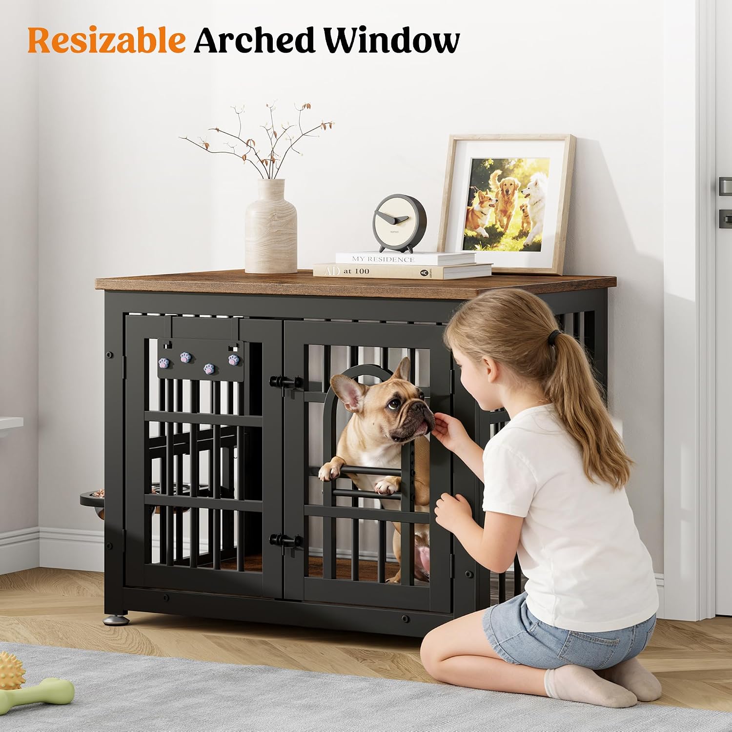 Lulive Dog Crate Furniture 31.5' Wooden Dog Kennel Table with Bowls Heavy Duty Dog Crates for Small/Medium/Large Dogs, Dog Kennel Furniture Indoor as TV Stand End Table,Brown