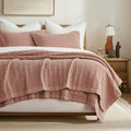 EVERGRACEHOME Stonewashed Cotton Quilt Set King Size, Ultra Soft Oversized Bedspread Coverlet Set, Lightweight Crinkle Box Stitch Bedding Sets for All Season, with 2 Shams, Terracotta Clay