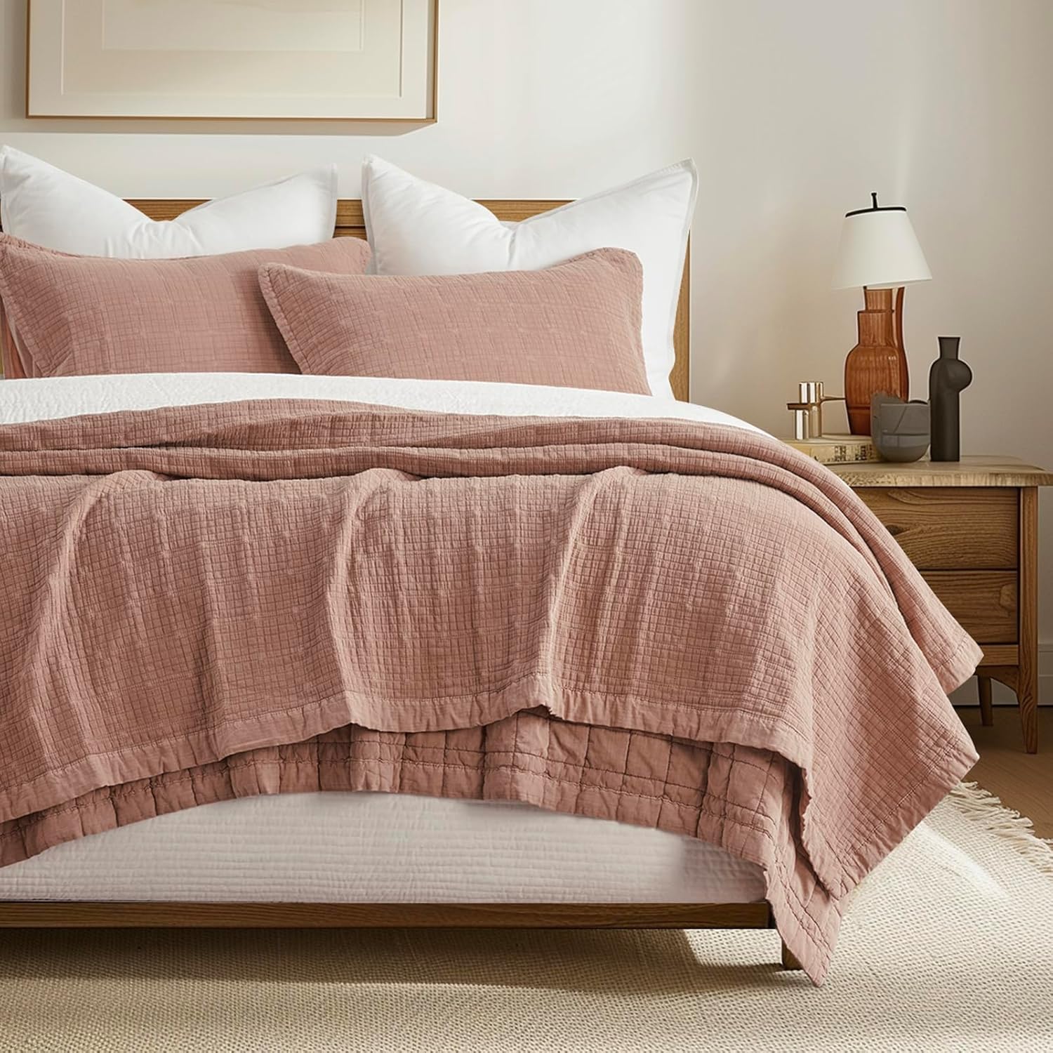 EVERGRACEHOME Stonewashed Cotton Quilt Set King Size, Ultra Soft Oversized Bedspread Coverlet Set, Lightweight Crinkle Box Stitch Bedding Sets for All Season, with 2 Shams, Terracotta Clay