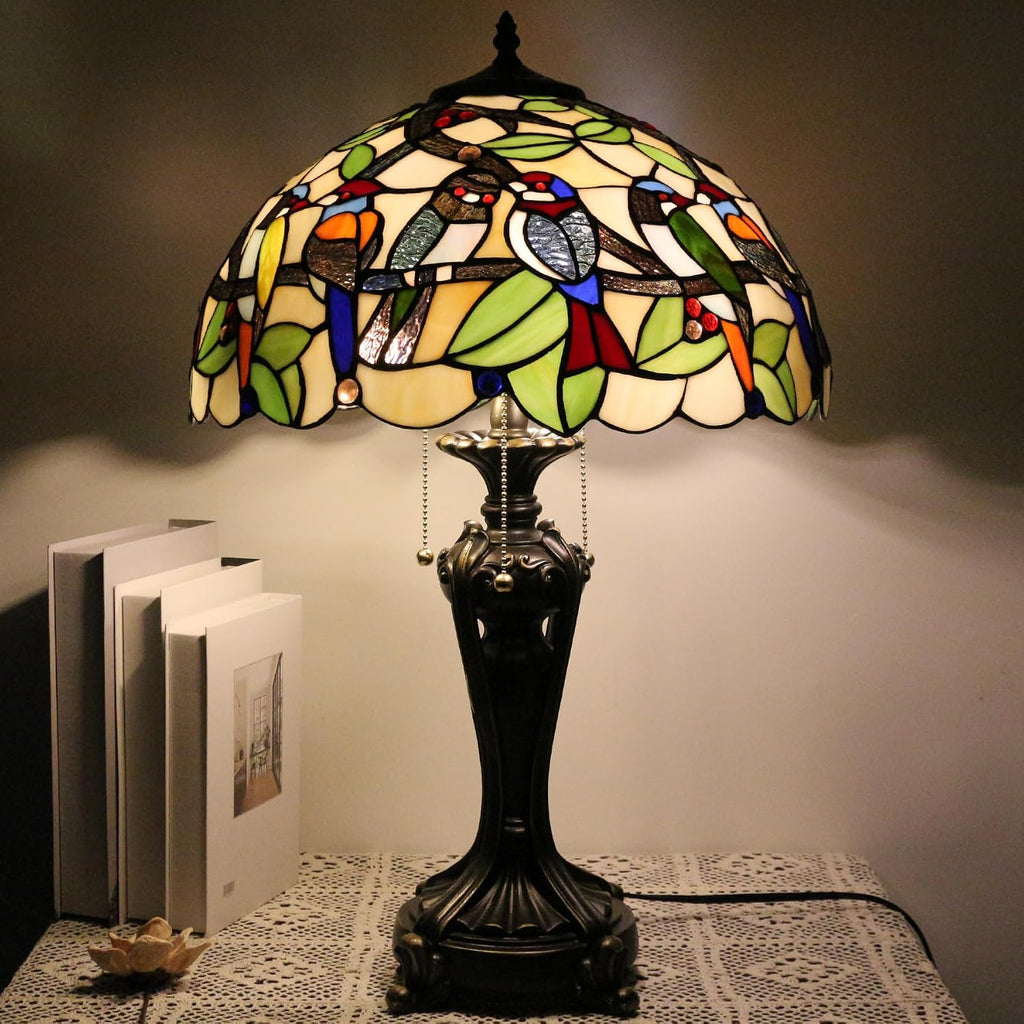 Large Tiffany Lamp Shade Replacement Only 16Inch Stained Glass Lampshade Fit For Table Lamps FLoor Lamp Ceiling Fixture Pendant Hanging Light Home Office Decoration (Double Birds Amber)
