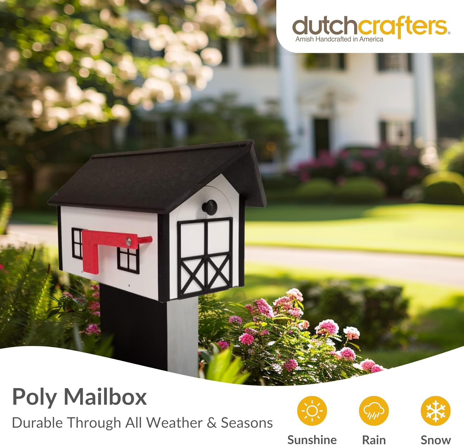 DutchCrafters Large Farmhouse Mailbox, Durable Plastic Barn Mailboxes for Outside, Post Mount Mail Box with Flag, Barnhouse Style - Amish Made in America (Black and Cedar)