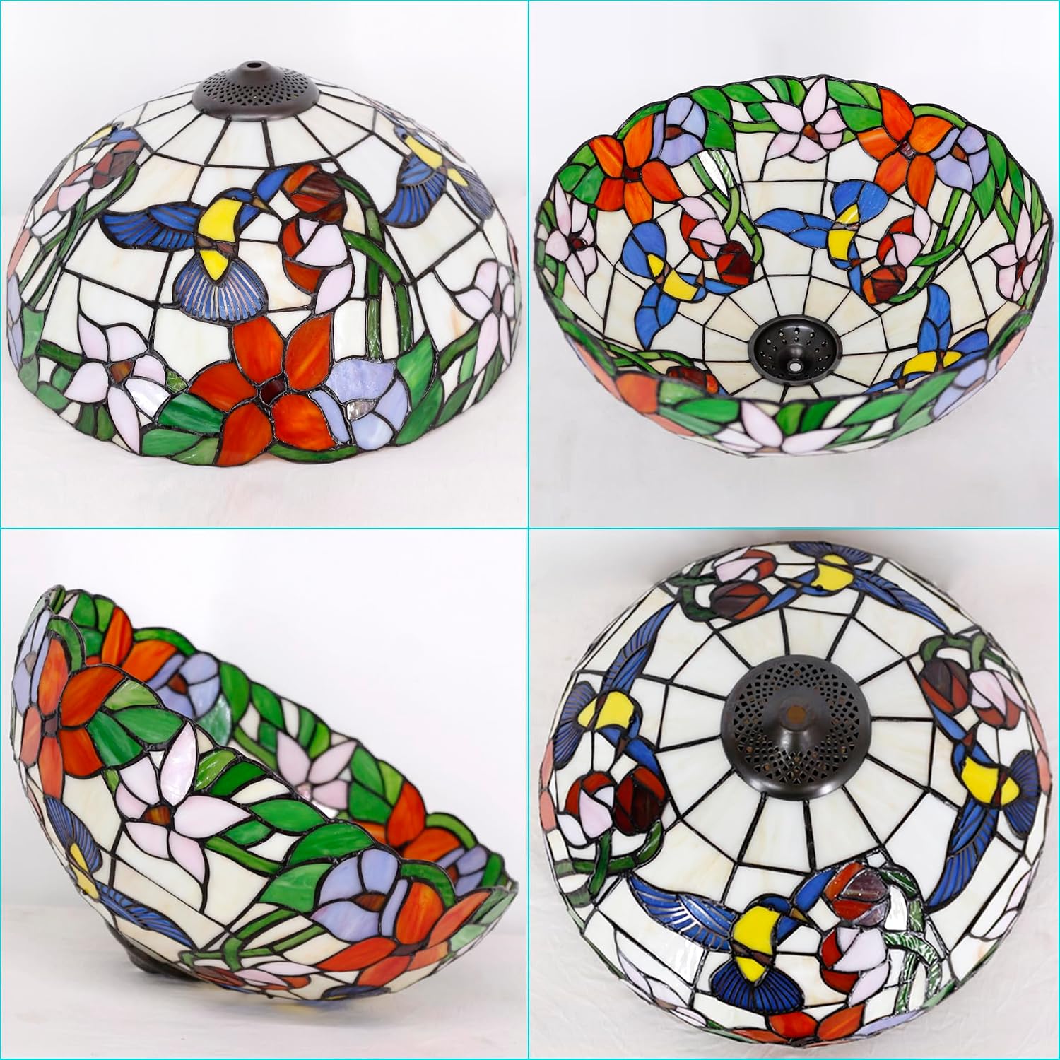 Large Tiffany Lamp Shade Replacement Only 16Inch Stained Glass Lampshade Fit For Table Lamps FLoor Lamp Ceiling Fixture Pendant Hanging Light Home Office Decoration (Cream Amber Hummingbird)