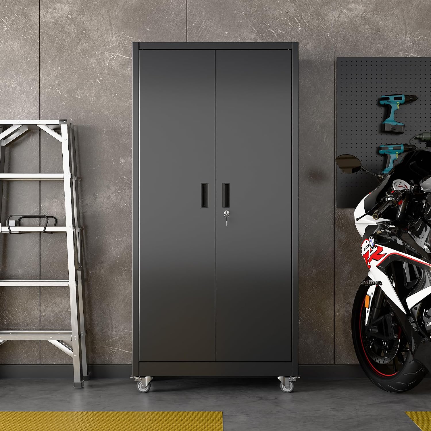 Aobabo Upgraded Garage Storage Cabinets with Wheels,Metal Storage Cabinets with 5 Adjustable Shelves for Garage Home Office Storage, Black,71''H*34''W*18''D,Assembly Required
