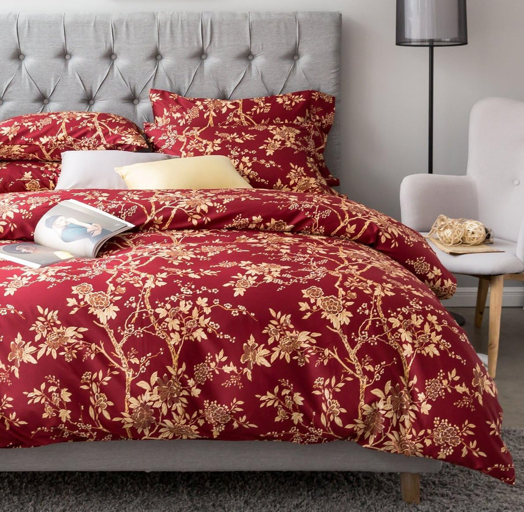 Eikei Eastern Floral Chinoiserie Blossom Print Duvet Quilt Cover Navy Blue Tan White Asian Style Botanical Tree Branches Ornamental Drawing 400TC Egyptian Cotton 3pc Bedding Set (King, Garnet)