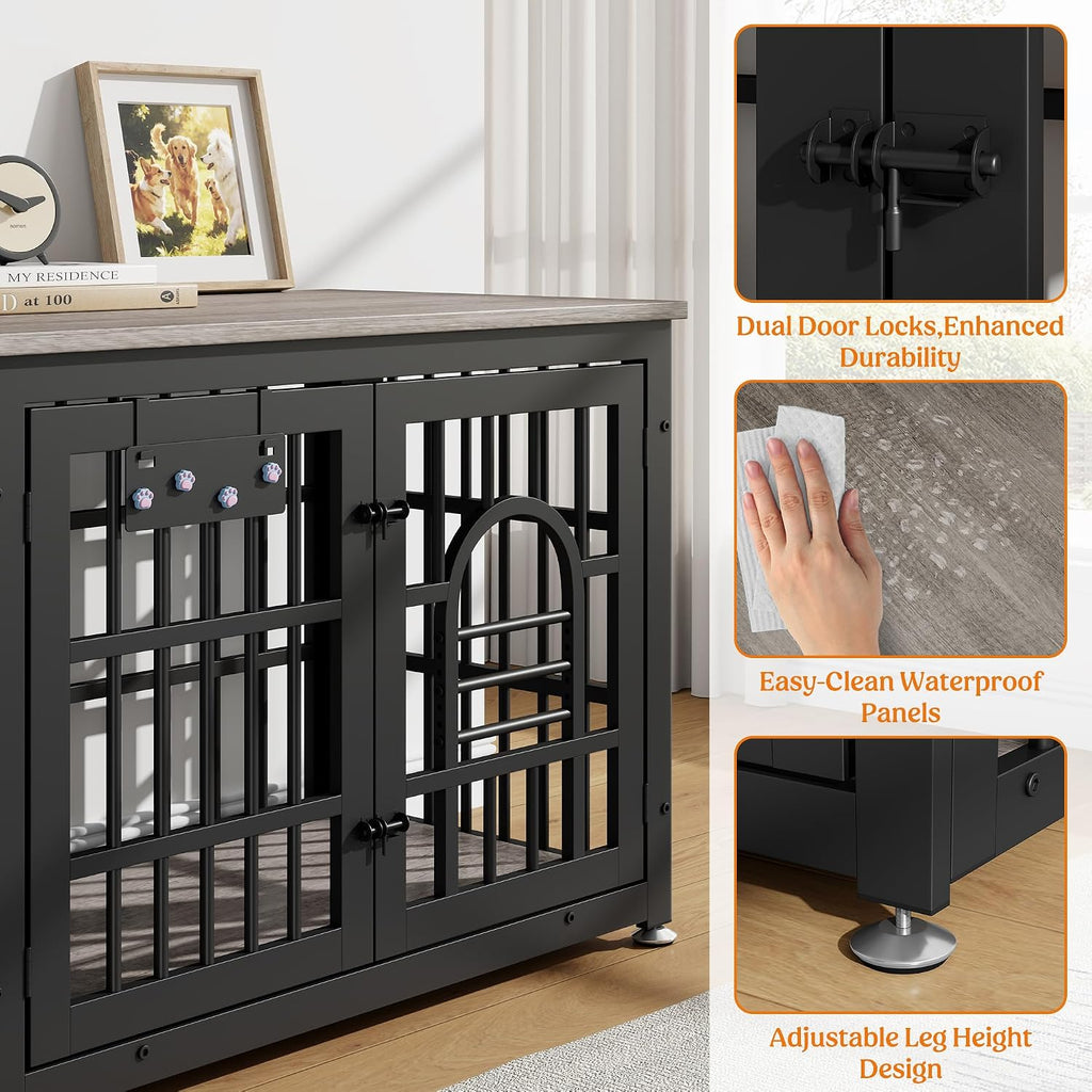 Lulive Dog Crate Furniture 37.8' Wooden Dog Kennel Table with Bowls Heavy Duty Dog Crates for Small/Medium/Large Dogs, Dog Kennel Furniture Indoor as TV Stand End Table,Grey
