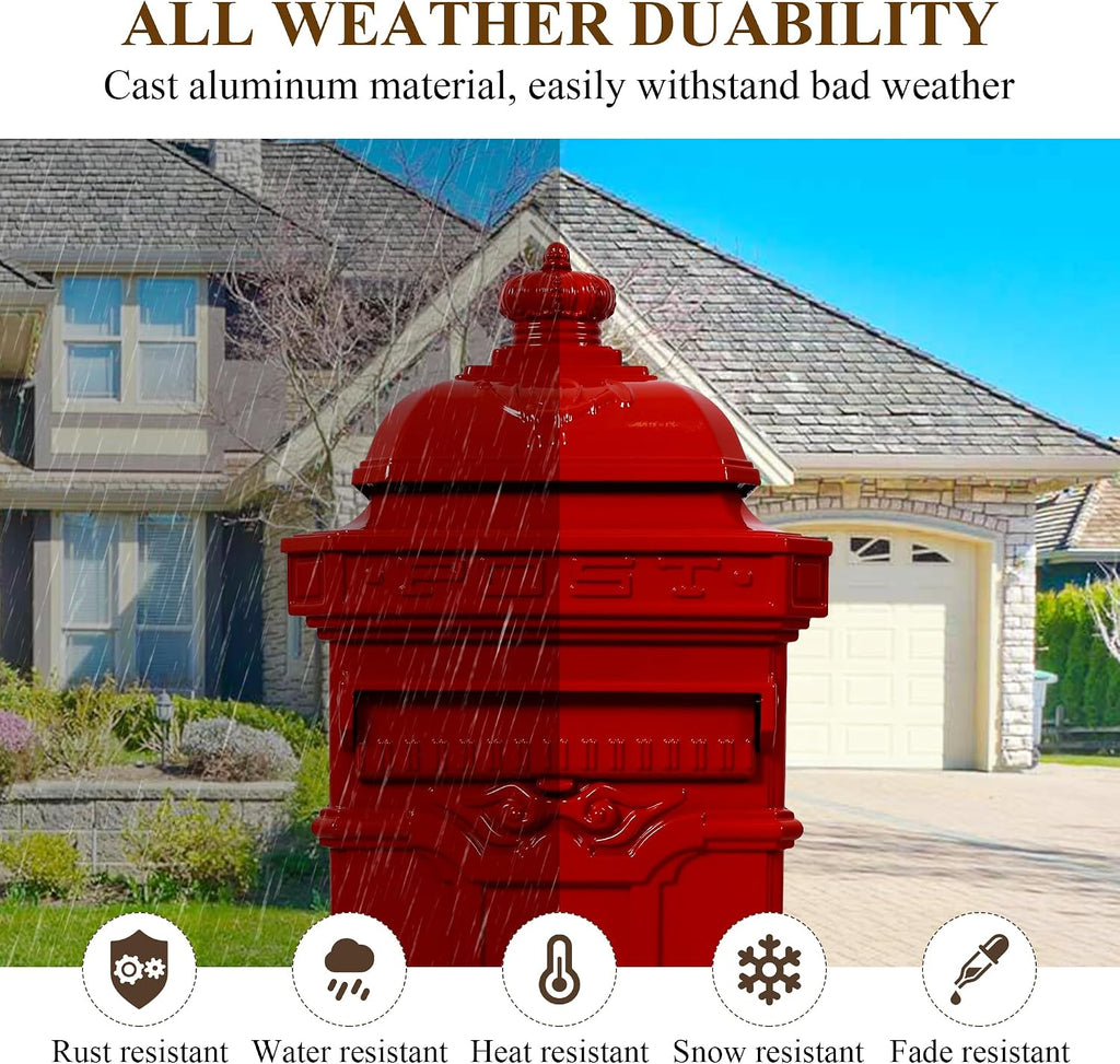 Vintage Large-Capacity Cast Aluminum Mailbox, Outdoor Weatherproof Floor Standing Postbox, Decorative Copper Finish Letter Box with Lock, Roman Column Design for Home Use (Red)