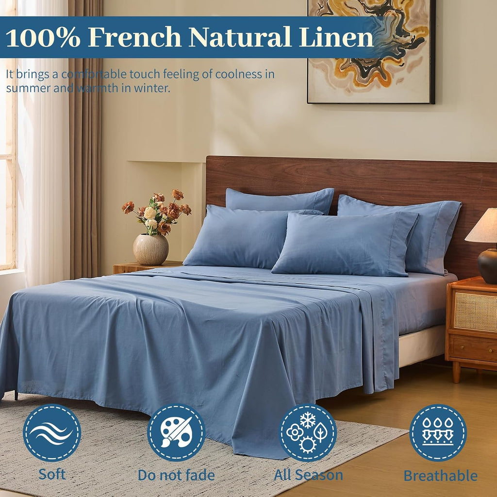 MEISHANG 100% French Pure Linen Sheets Queen Size - Bed Sheets 4 Piece Sets, Soft Durable Flax Linen, Anti-Tear Breathable Oeko-Tex Certified with 16' Deep Pocket (Dusty Blue)