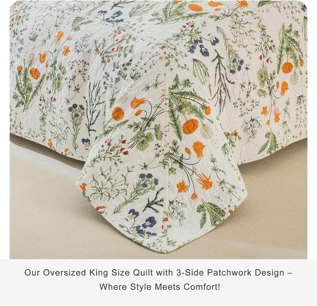 Lady Ann Oversized King Quilt Bedspreads 120x120-100% Cotton Floral California King Size Quilt Bedding Set Yellow Flowers & Leaves Pattern Plant Botanical Printed Quilted Coverlet Set, 3 Pcs