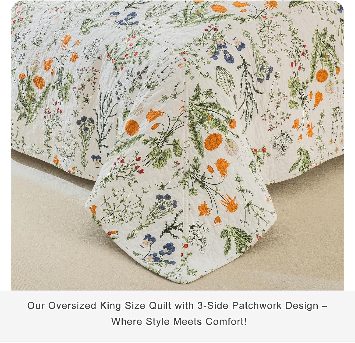 Lady Ann Oversized King Quilt Bedspreads 120x120-100% Cotton Floral California King Size Quilt Bedding Set Yellow Flowers & Leaves Pattern Plant Botanical Printed Quilted Coverlet Set, 3 Pcs