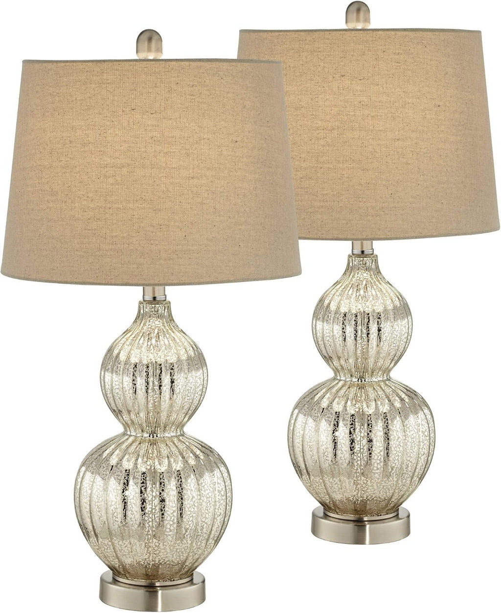 Regency Hill Lili Table Lamps 25' High Set of 2 Fluted Mercury Glass Brushed Silver Metal Double Gourd Drum Shade Decor for Living Room Bedroom House Bedside Nightstand Home Office