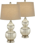Regency Hill Lili Table Lamps 25' High Set of 2 Fluted Mercury Glass Brushed Silver Metal Double Gourd Drum Shade Decor for Living Room Bedroom House Bedside Nightstand Home Office