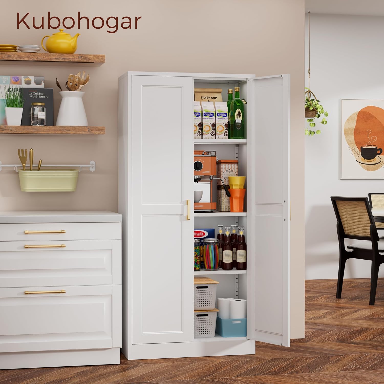 60' Tall Metal Pantry Cabinet, White Kitchen Pantry Storage Cabinet with 3 Adjustable Shelves and Gold Handles, Cupboard for Kitchen, Dining Room, Living Room, Bathroom