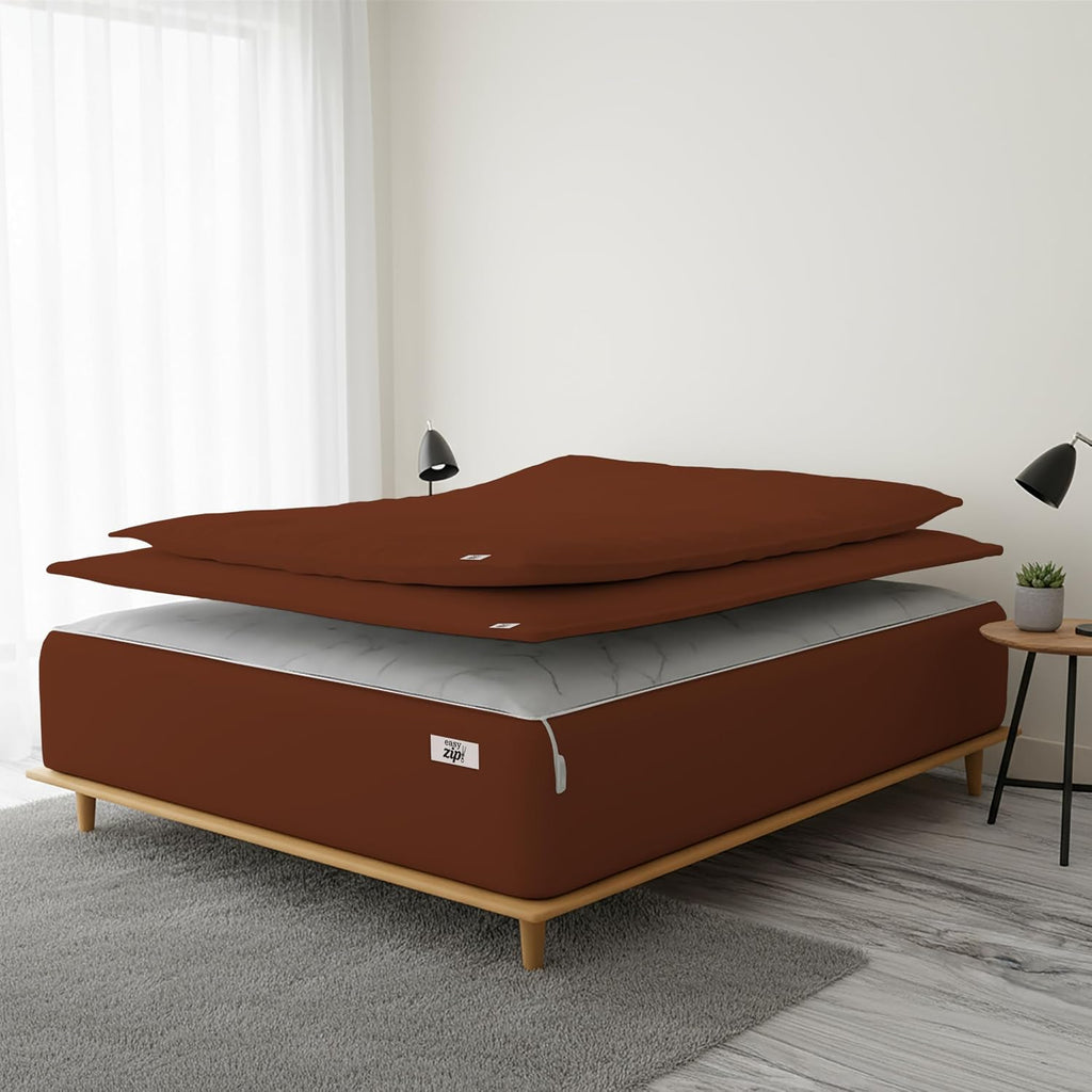 COTTON STICH 600 TC Zipper Fitted Sheet, 100% Egyptian Cotton, 18' Deep Pocket, Easy Zip Change, All-Around Secure Fit - Queen Size Bed - Chocolate