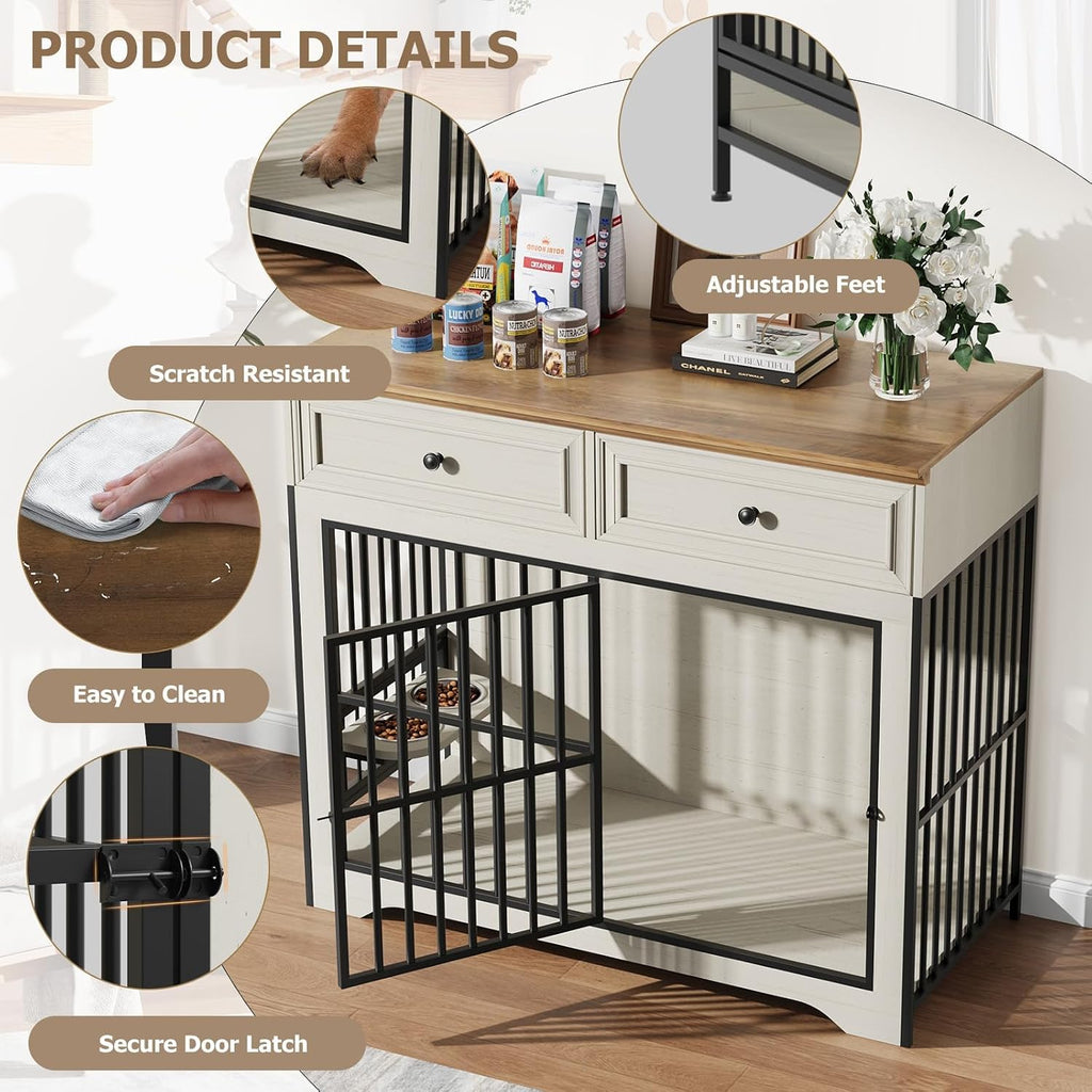 QUW 42' Modern Dog Crate Furniture, Wooden Dog Kennel for Medium to Large with 360° Rotating & 3-Levels Adjustable Height Dogs Bowl Holder, Decorative Dogs cage Pet House Indoor, Antique White