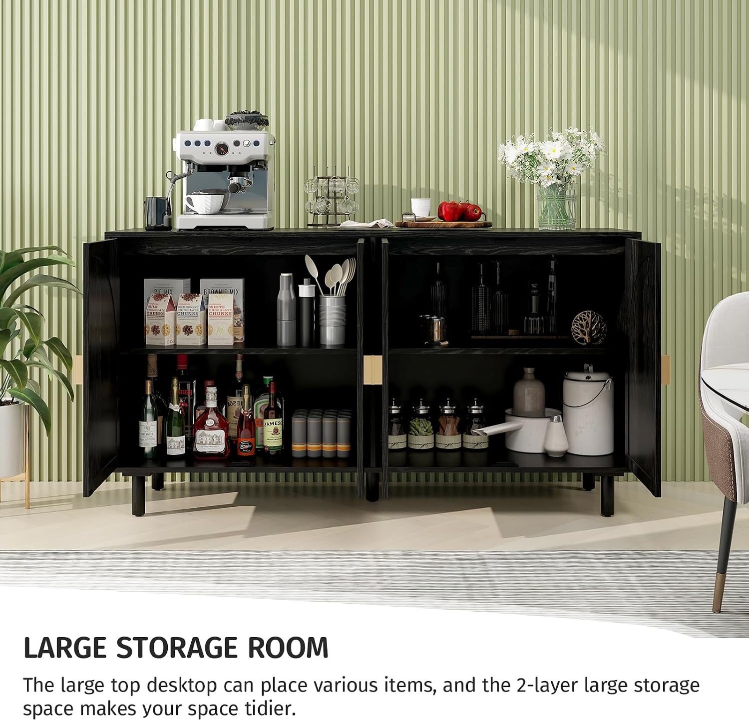 Black 4-Door Rattan Buffet Cabinet-Sideboard Buffet Cabinet with Storage, Accent Sideboard Cabinets-Wood Credenza with Cane Door, Boho Style Console Table for Dining Room & Living Room