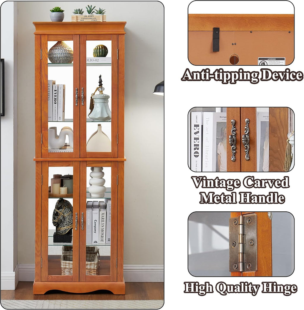 70' H Lighted Curio Cabinet Display Case, Glass Curio Cabinets with Adjustable Shelves and Tempered Glass Door, Wooden Cabinet w/Mirrored Back Pane for Living Room (Oak)