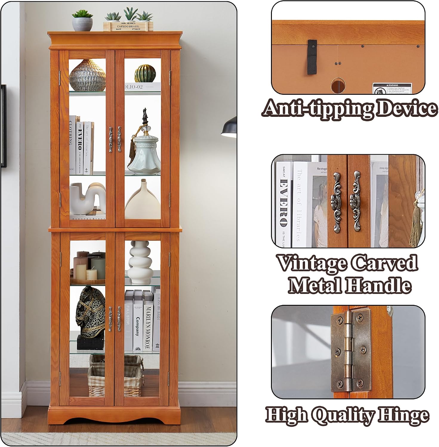 70' H Lighted Curio Cabinet Display Case, Glass Curio Cabinets with Adjustable Shelves and Tempered Glass Door, Wooden Cabinet w/Mirrored Back Pane for Living Room (Oak)