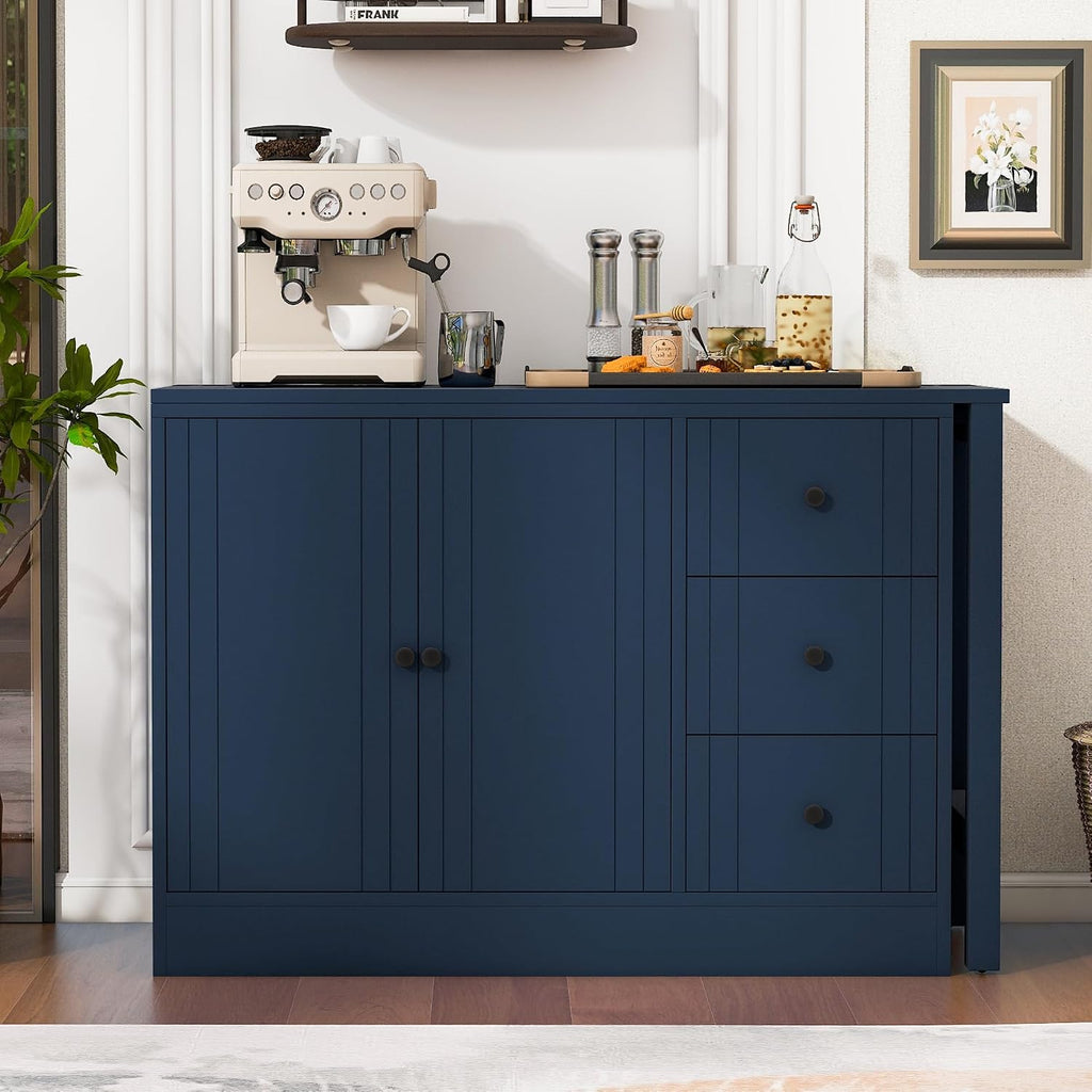 RUNNA 89.7''Wooden Sideboard with Extendable Table,Multifunctional Storage Cabinet with 2 Doors and 3 Drawers,for Living Room,Study,Foyer and Kitchen (Navy Blue#68)