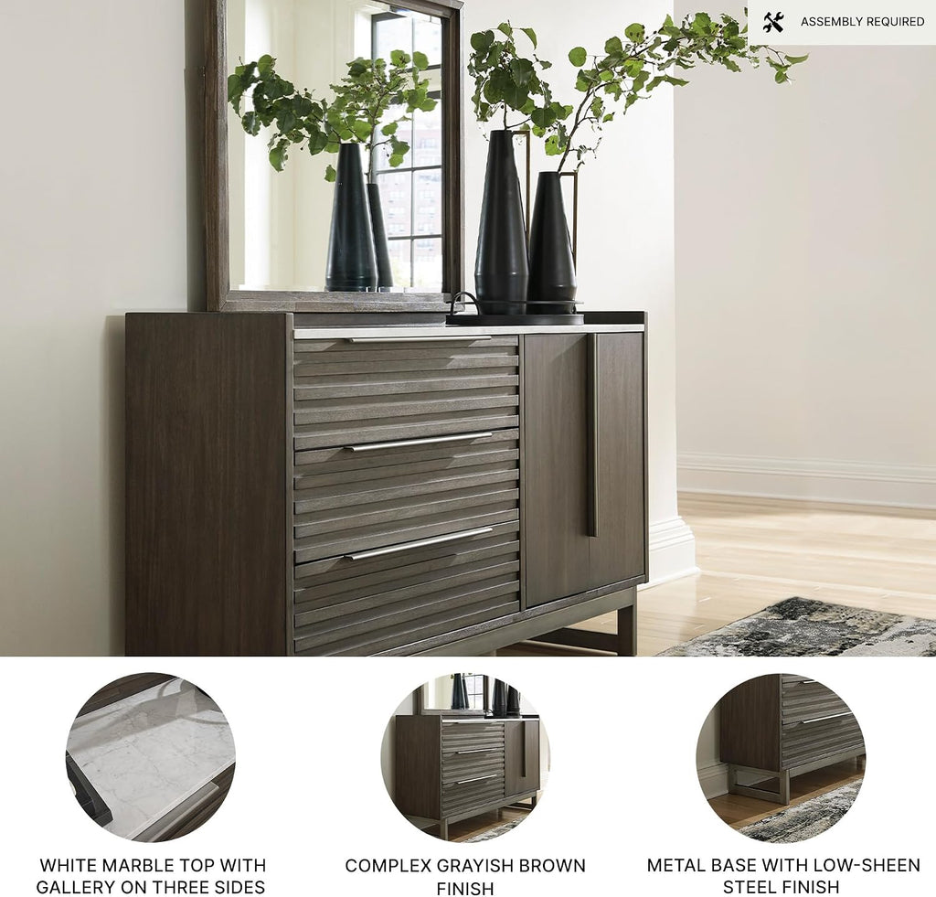 Signature Design by Ashley Arkenton Mid-Century Modern 3-Drawer Dresser and Mirror with Felt-Lined Top Drawer, Adjustable Shelf and Safety Stop, Dark Brown & White