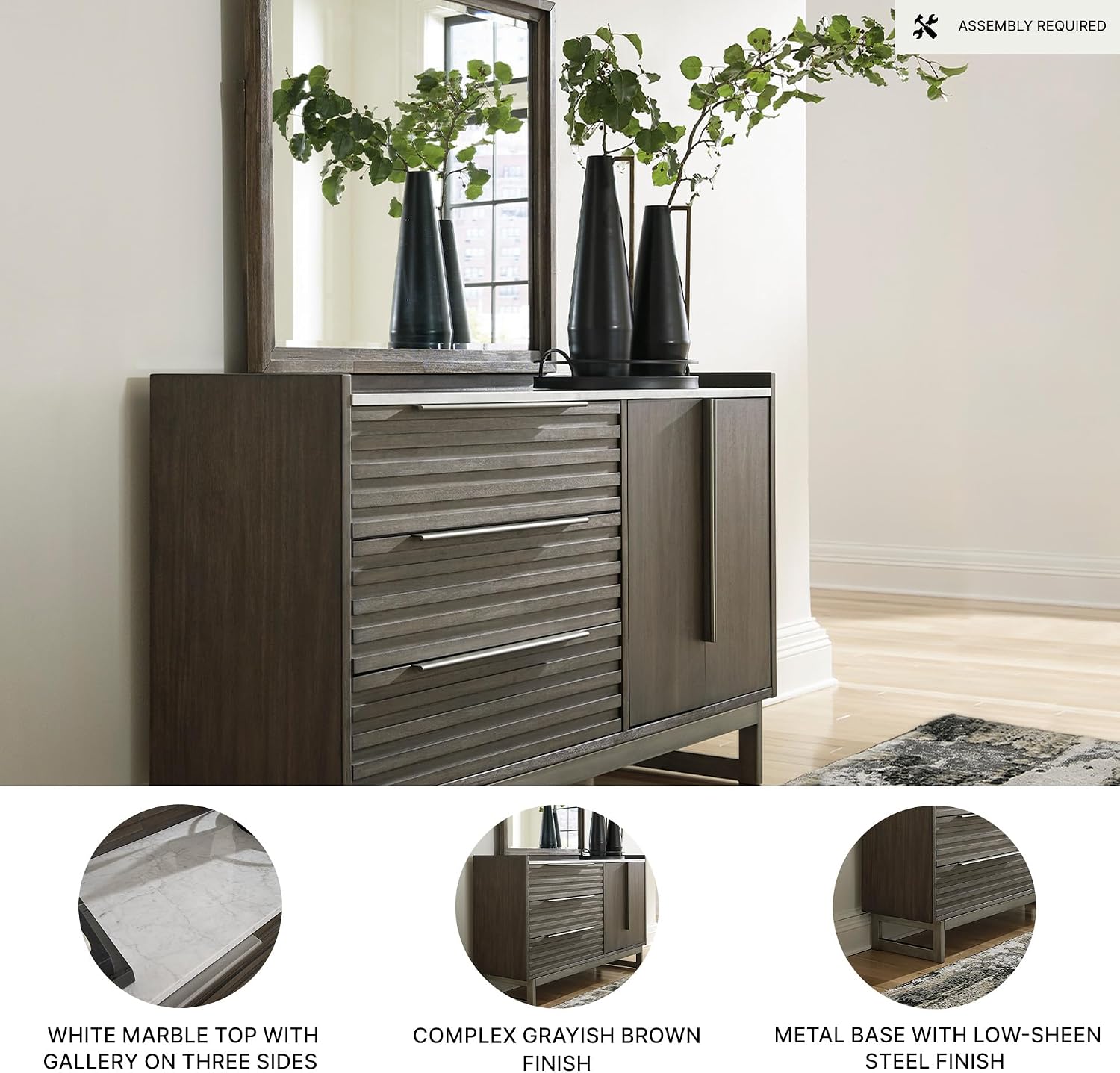 Signature Design by Ashley Arkenton Mid-Century Modern 3-Drawer Dresser and Mirror with Felt-Lined Top Drawer, Adjustable Shelf and Safety Stop, Dark Brown & White