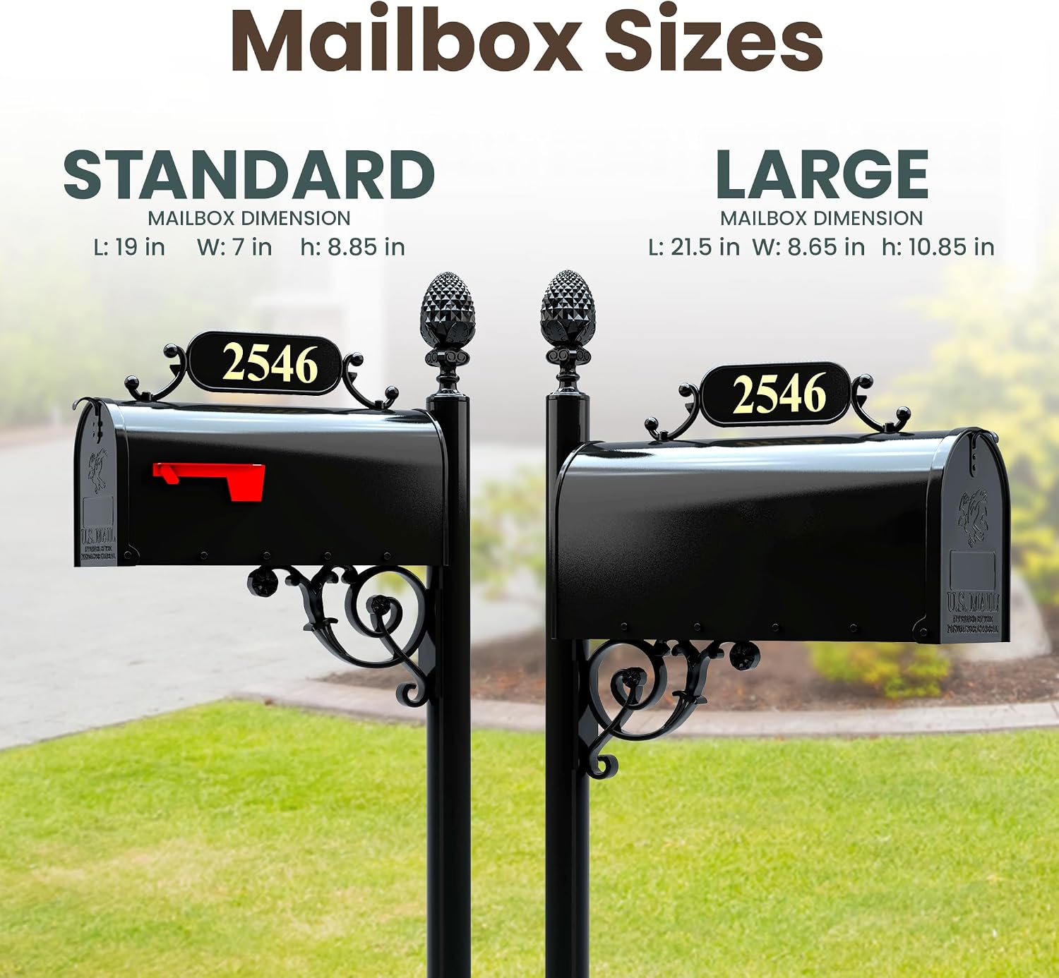 Charleston Mailbox & Post System – Black Rust Resistant Mailbox – Includes Address Plaque, Numbers, Scroll & Mounting Hardware (Large)