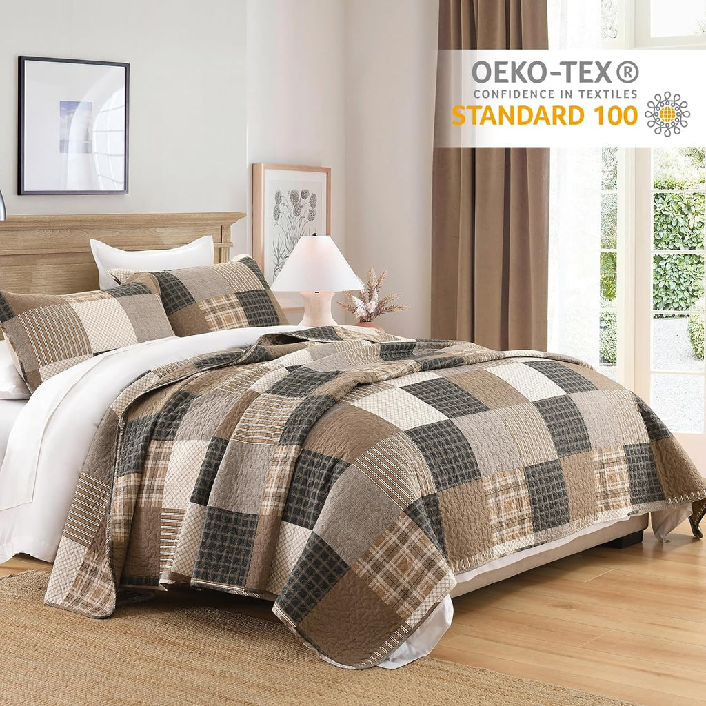 Finlonte Quilt King Size, King Quilt Set, Cotton Quilt, Farmhouse Plaid King Quilted Bedspread, Charcoal Beige Brown Lightweight Comforter Bedding Set for All Season, 3-Piece
