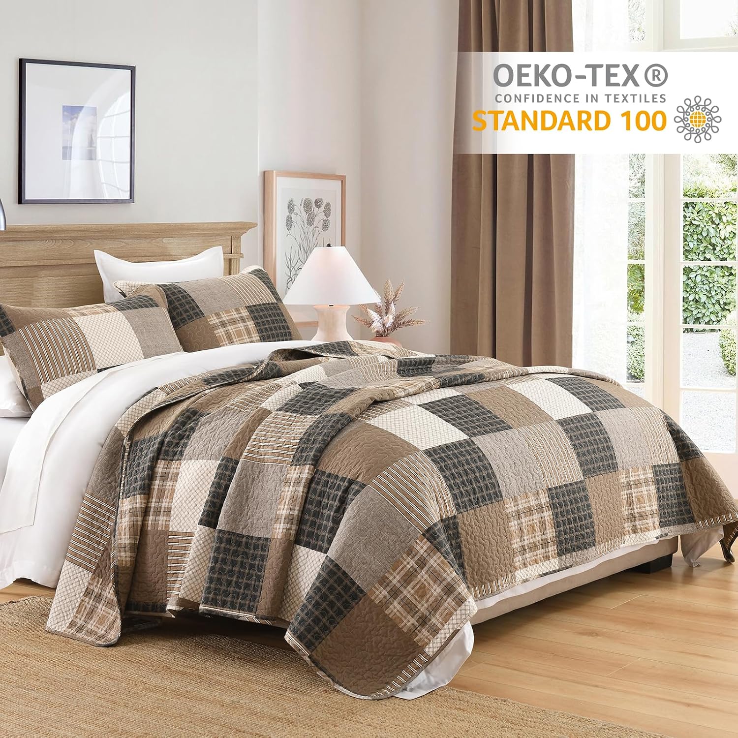 Finlonte Quilt King Size, King Quilt Set, Cotton Quilt, Farmhouse Plaid King Quilted Bedspread, Charcoal Beige Brown Lightweight Comforter Bedding Set for All Season, 3-Piece