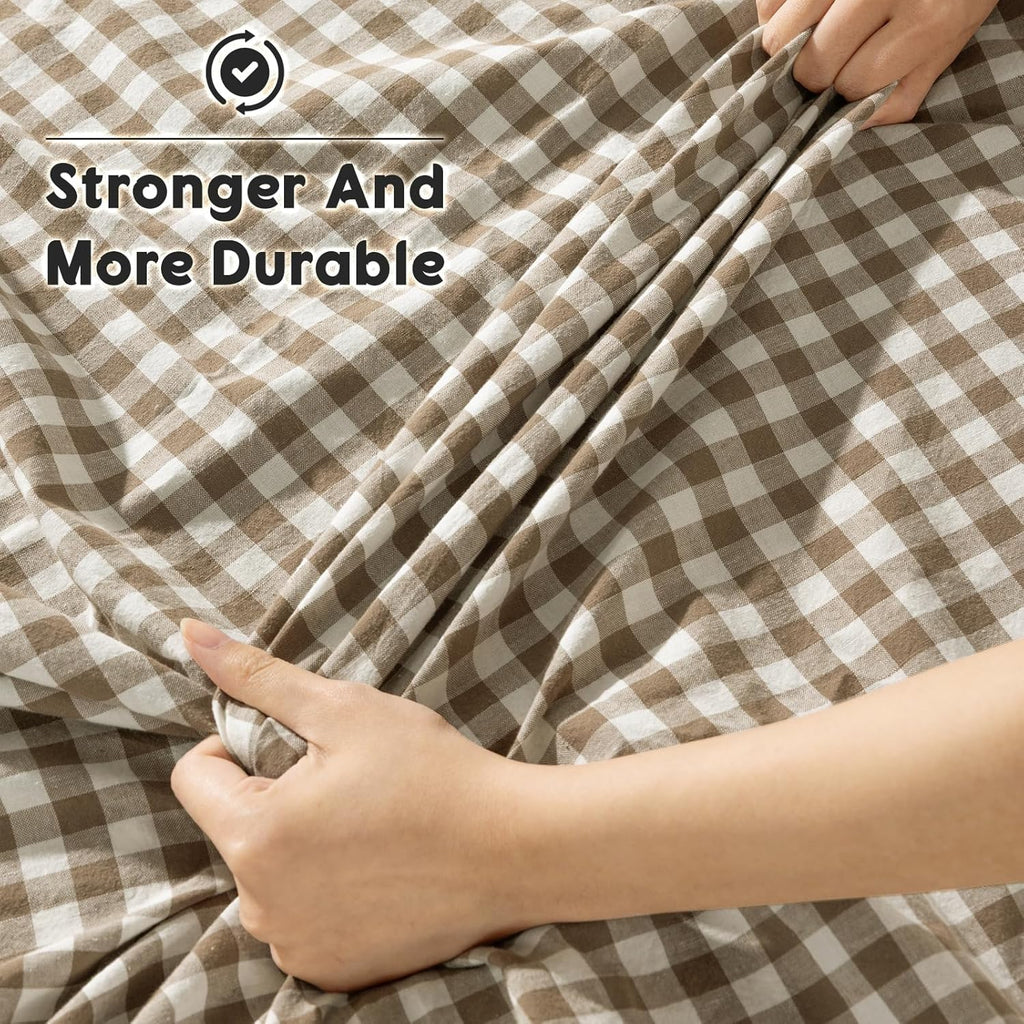 SONORO KATE 100% French Pure Linen Sheets, Breathable and Durable Linen Queen Size Sheets, Anti-Tear Linen Bed Sheets, Machine Washable, 16 Inch Deep Pocket - 4 Piece (Brown & White Plaid)