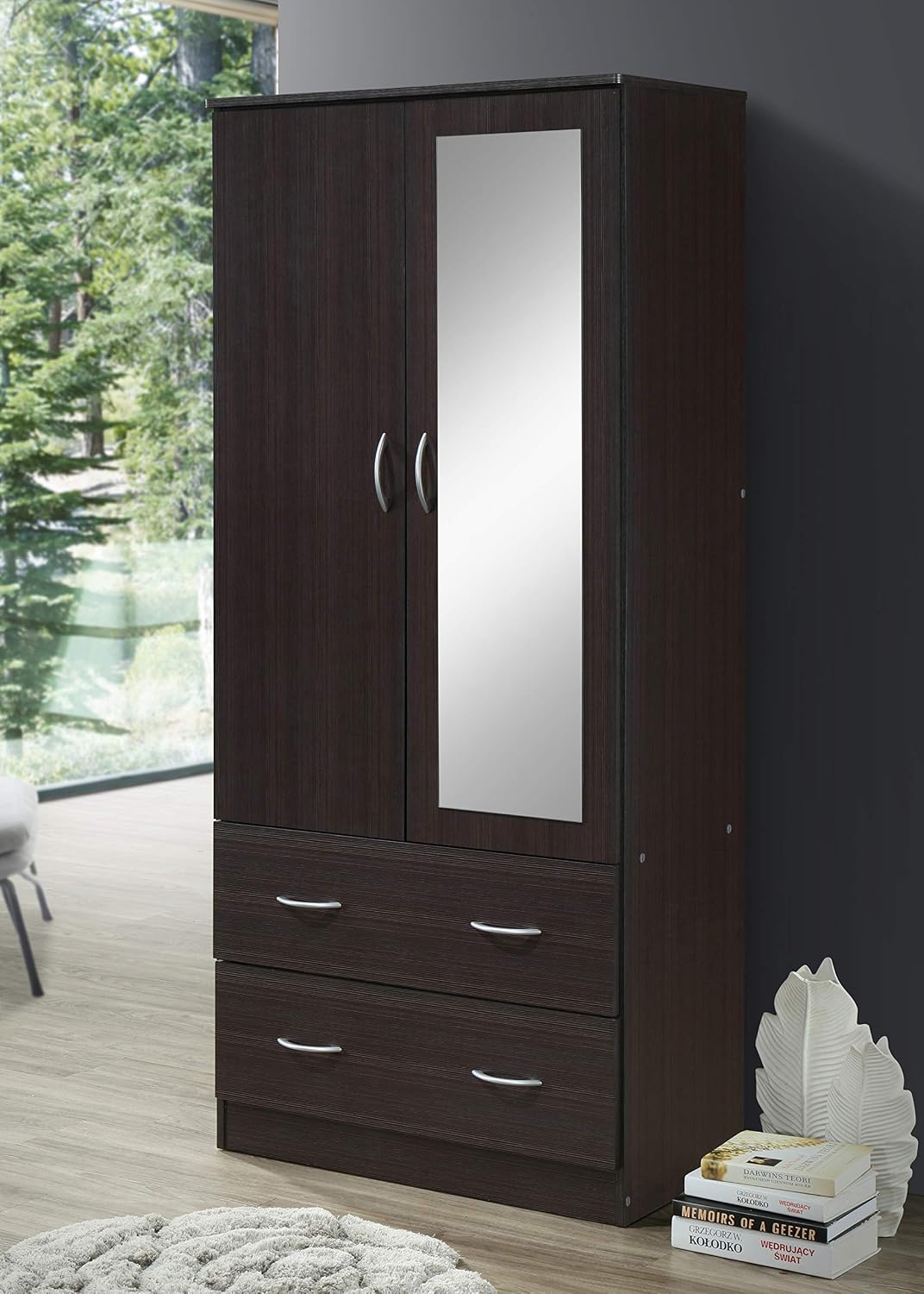 HODEDAH 2 Door Wood Wardrobe Bedroom Closet with Clothing Rod inside Cabinet, 2 Drawers for Storage and Mirror, Chocolate