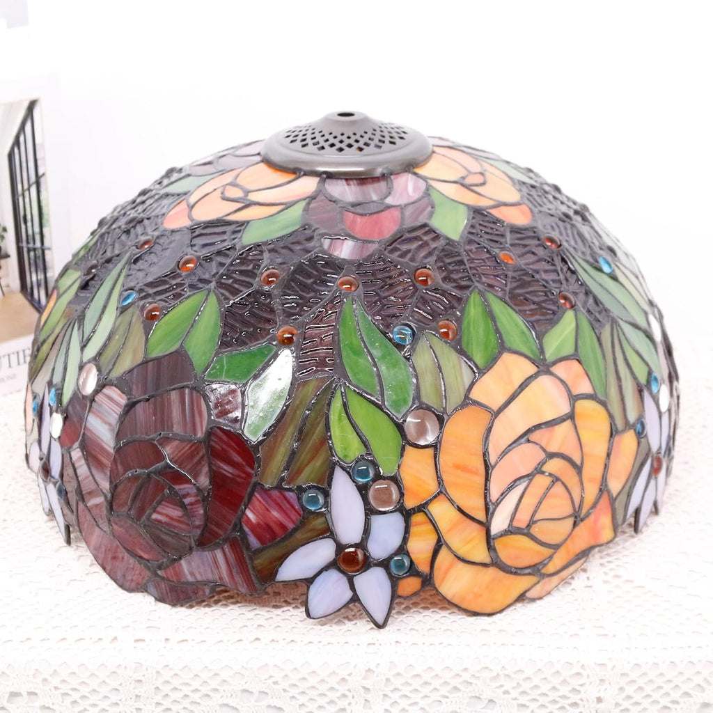 Large Tiffany Lamp Shade Replacement Only 16Inch Stained Glass Lampshade Fit For Table Lamps FLoor Lamp Ceiling Fixture Pendant Hanging Light Home Office Decoration (Red Yellow Roses)