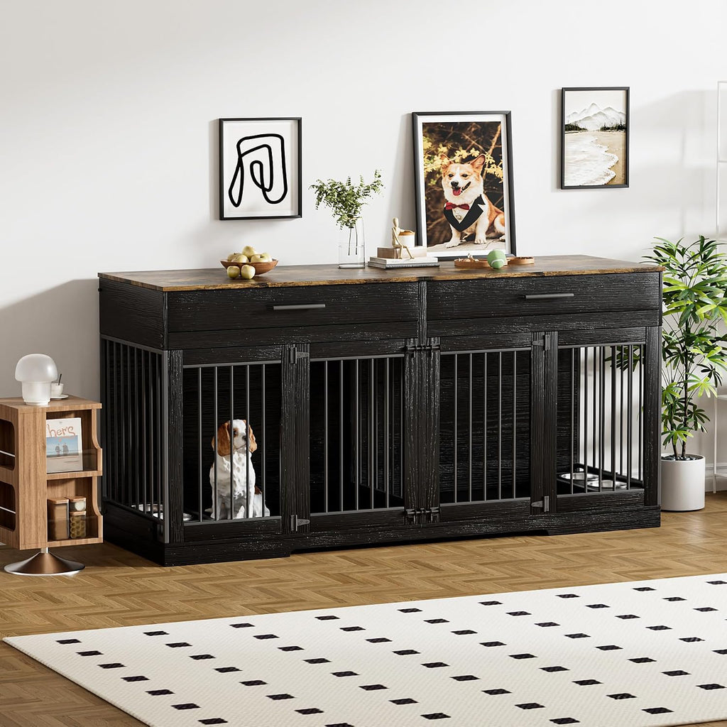 Rophefx 72' Dog Crate Furniture for 2 Dogs, Large Dog Kennel Furniture with 2 Storage Drawers and 4 Bowls, Wooden Dog Cage with Removable Divider, Indoor Dog House TV Stand for Medium Dog, Black