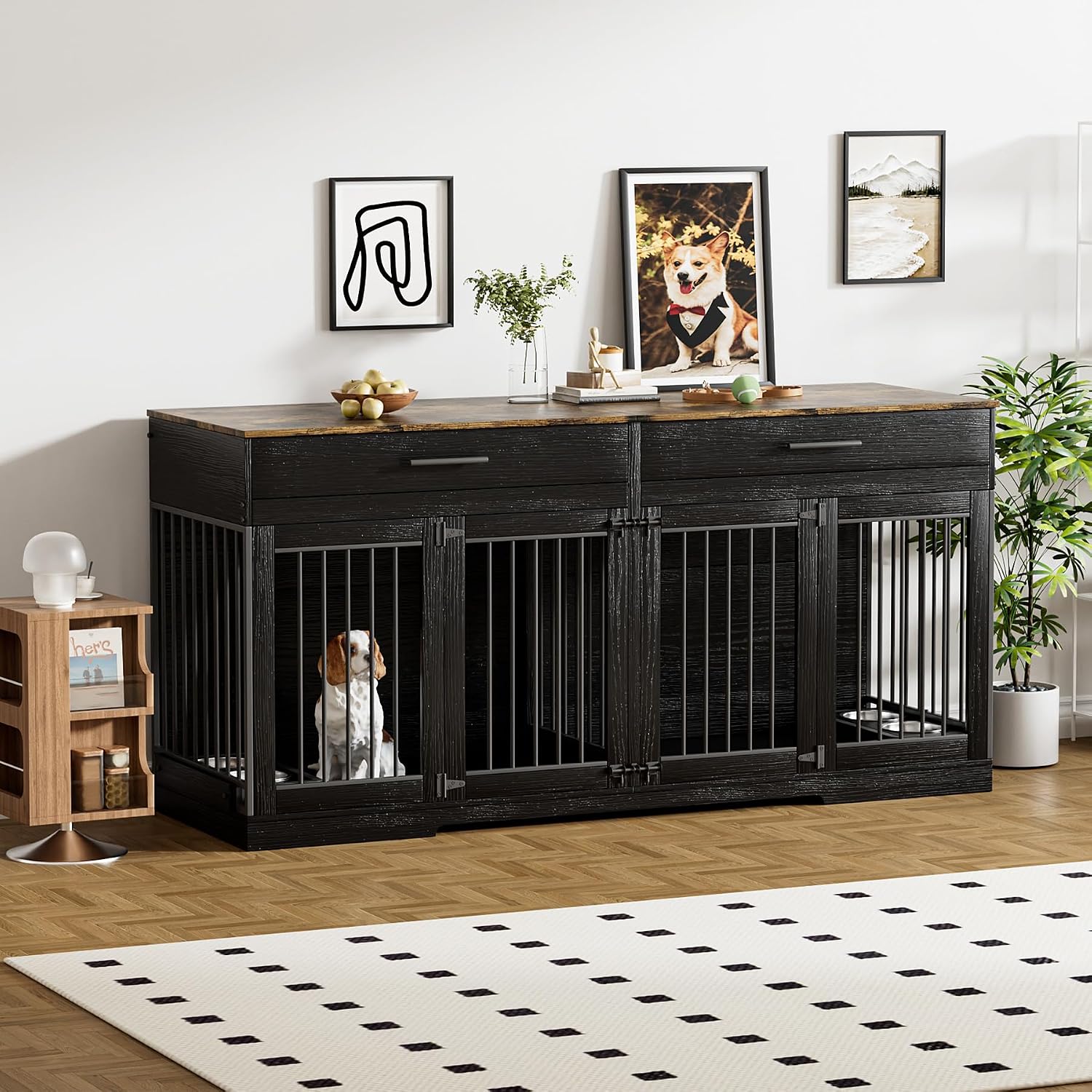 Rophefx 72' Dog Crate Furniture for 2 Dogs, Large Dog Kennel Furniture with 2 Storage Drawers and 4 Bowls, Wooden Dog Cage with Removable Divider, Indoor Dog House TV Stand for Medium Dog, Black