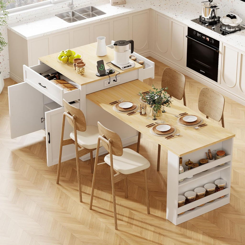 RUNNA Kitchen Island with Extendable Dining Table for 4-6 Person,Two-Tone KitchenTable, Power Outlet, Kitchen Island with Storage 2 Drawers 2 Side Open Shelves (White Oak~010)