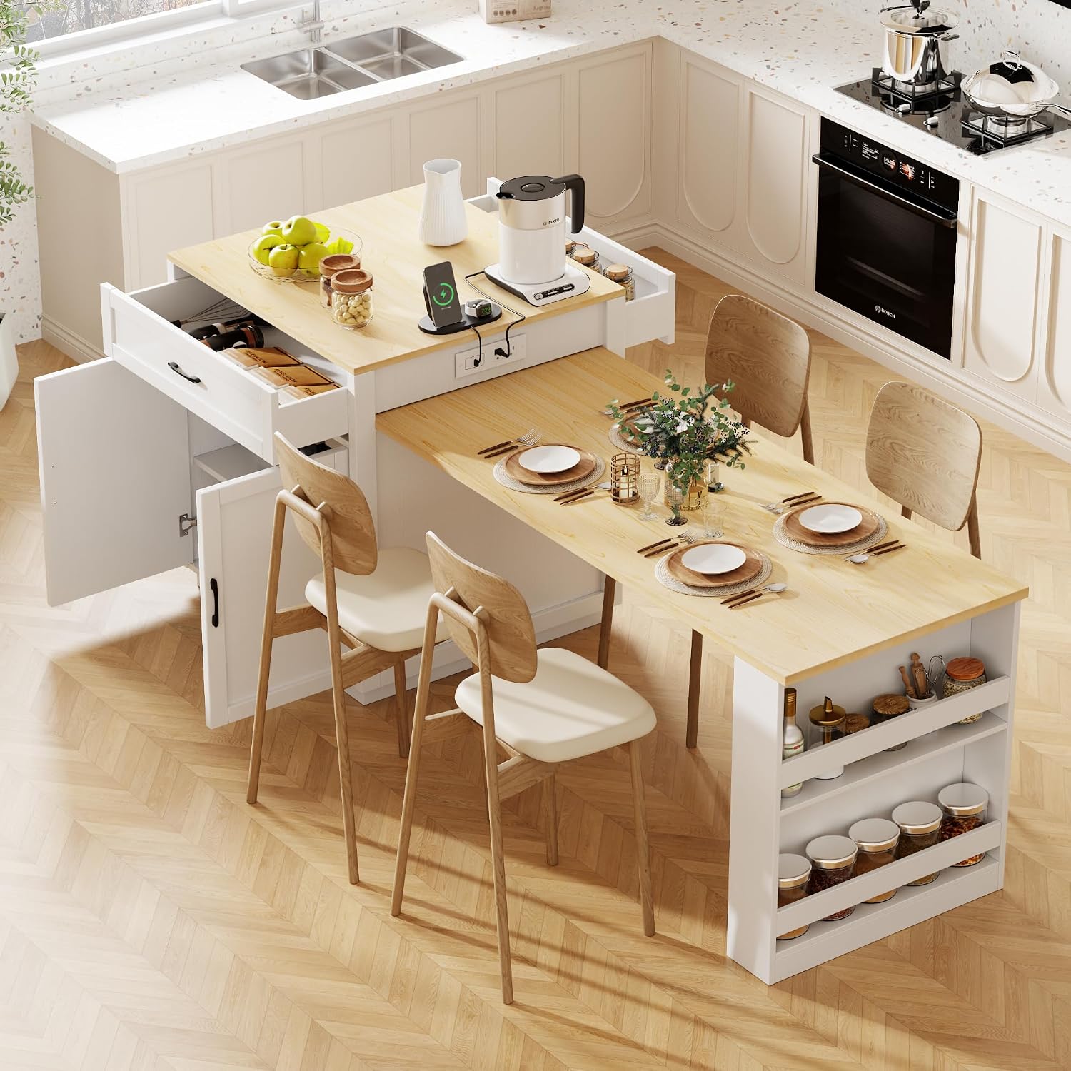 RUNNA Kitchen Island with Extendable Dining Table for 4-6 Person,Two-Tone KitchenTable, Power Outlet, Kitchen Island with Storage 2 Drawers 2 Side Open Shelves (White Oak~010)