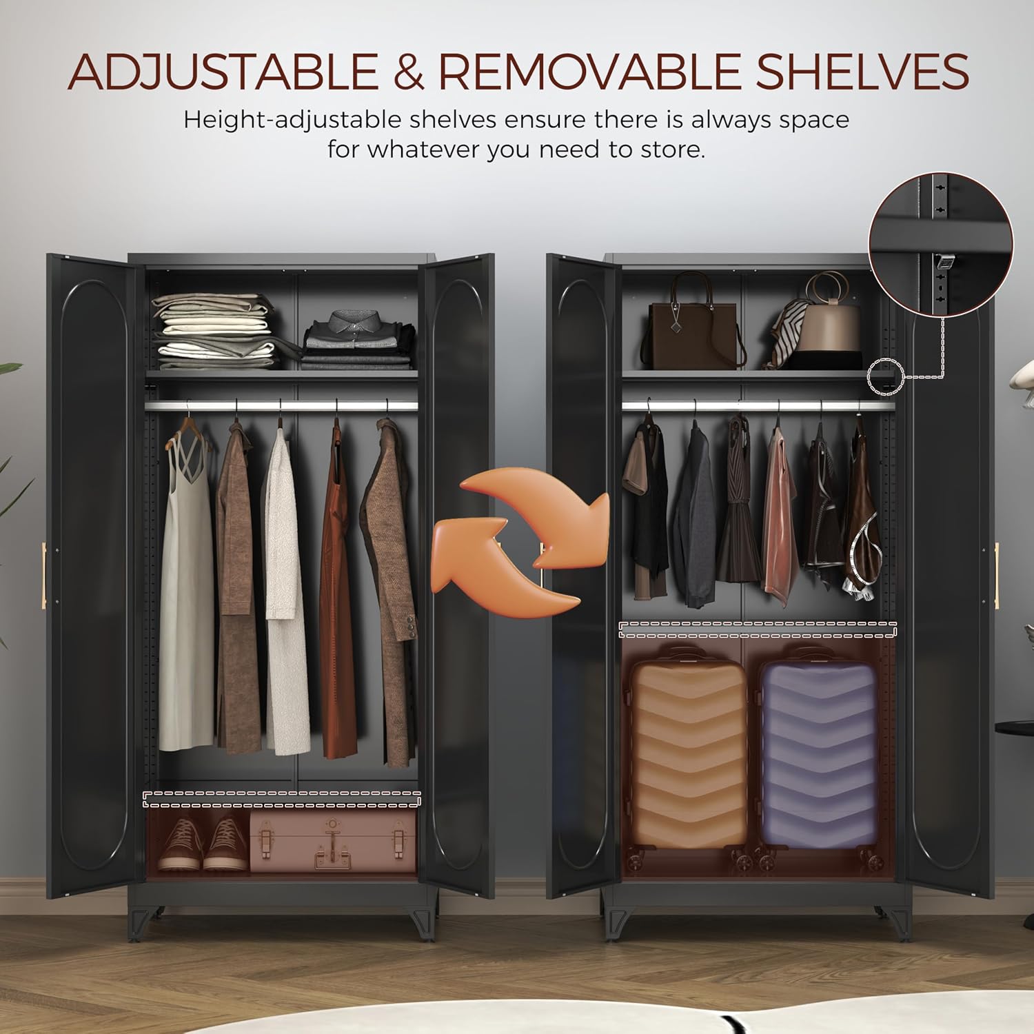Metal Armoire Wardrobe Closet with 2 Doors, 71' Black Wardrobe Cabinet with Hanging Rod and Adjustable Shelves, Tall Clothing Storage Cabinets for Bedroom, Laundry Room, Home Office