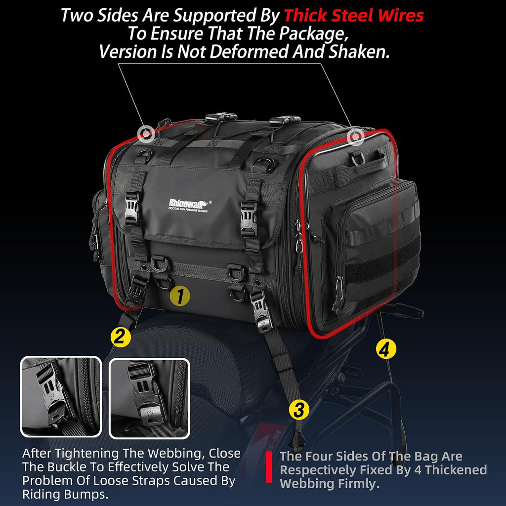 Rhinowalk Motorcycle Tail Bag, Expandable Motorcycle Travel Luggage Bags 80L, Waterproof All-Weather Trunk Rack Bag with Sissy Bar Straps & Helmet Rain Cover-Black