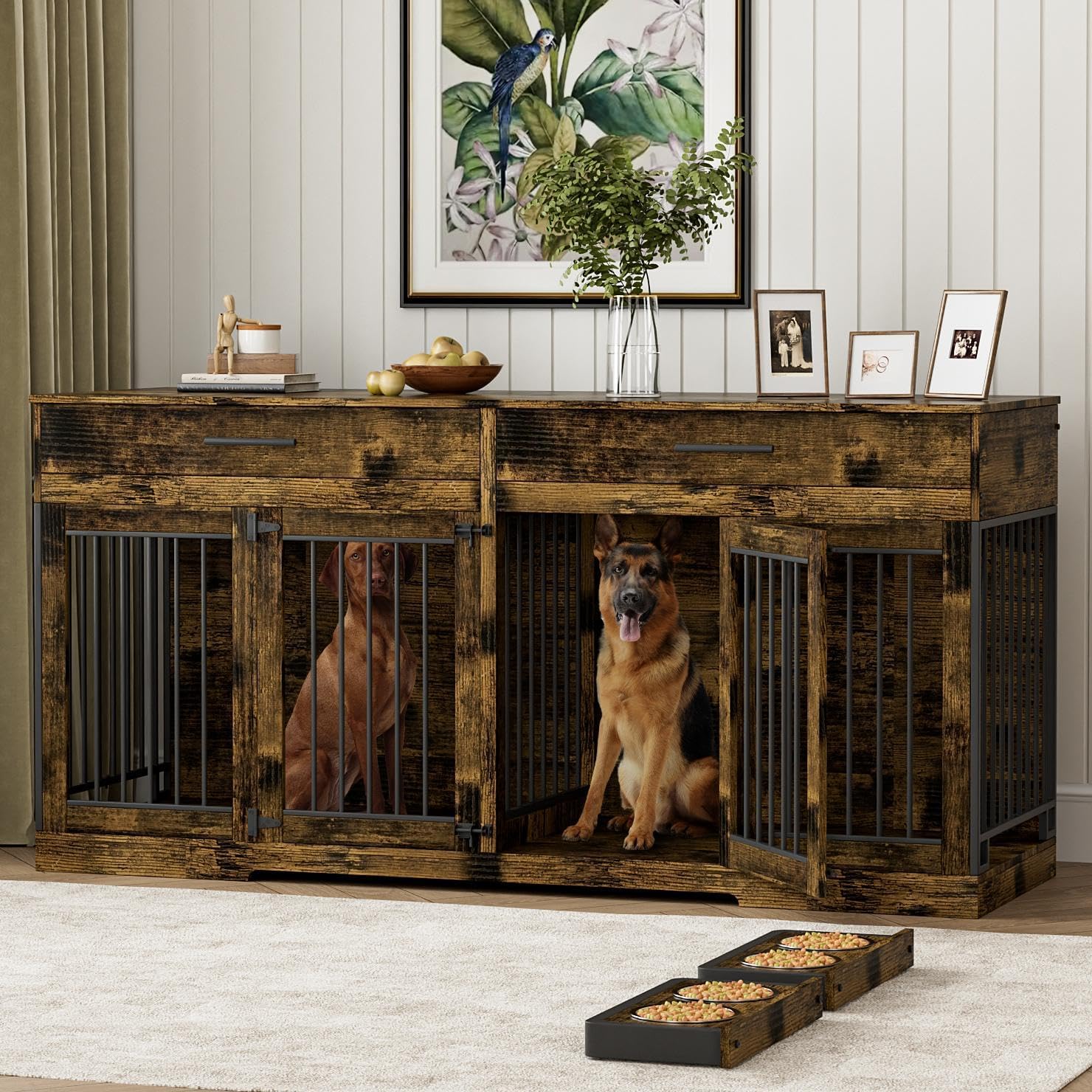 Rophefx 72' Dog Crate Furniture for 2 Dogs, Large Dog Kennel Furniture with 2 Storage Drawer and 4 Bowls, Wooden Dog Cage with Removable Divider, Indoor Dog House TV Stand for Medium Dog, Rustic Brown