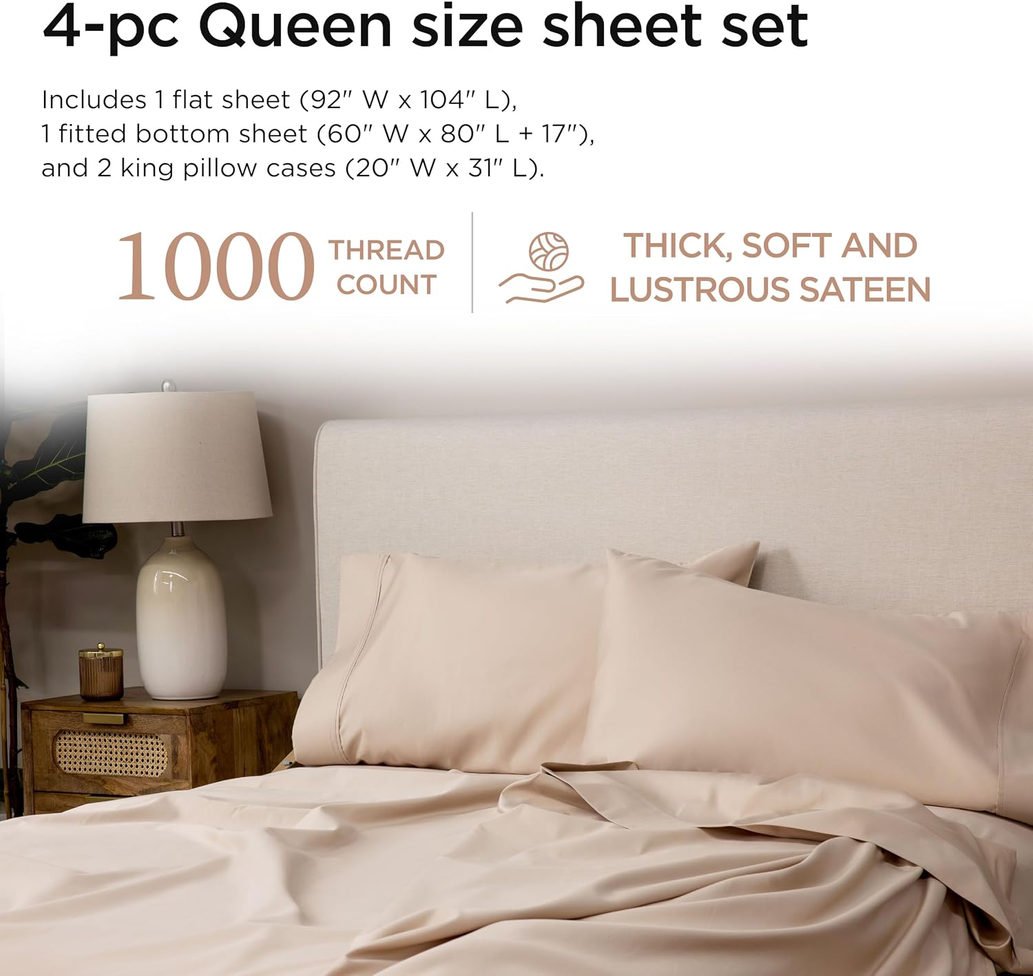 Threadmill Luxury Supima Cotton Sheets, Luxury 1000 Thread Count Soft 100% Cotton Sheets for Queen Size Bed, 4 Pc Beige Bed Queen Set, 5-Star Hotel Quality Elasticized Deep Pocket Bed Sheets Set