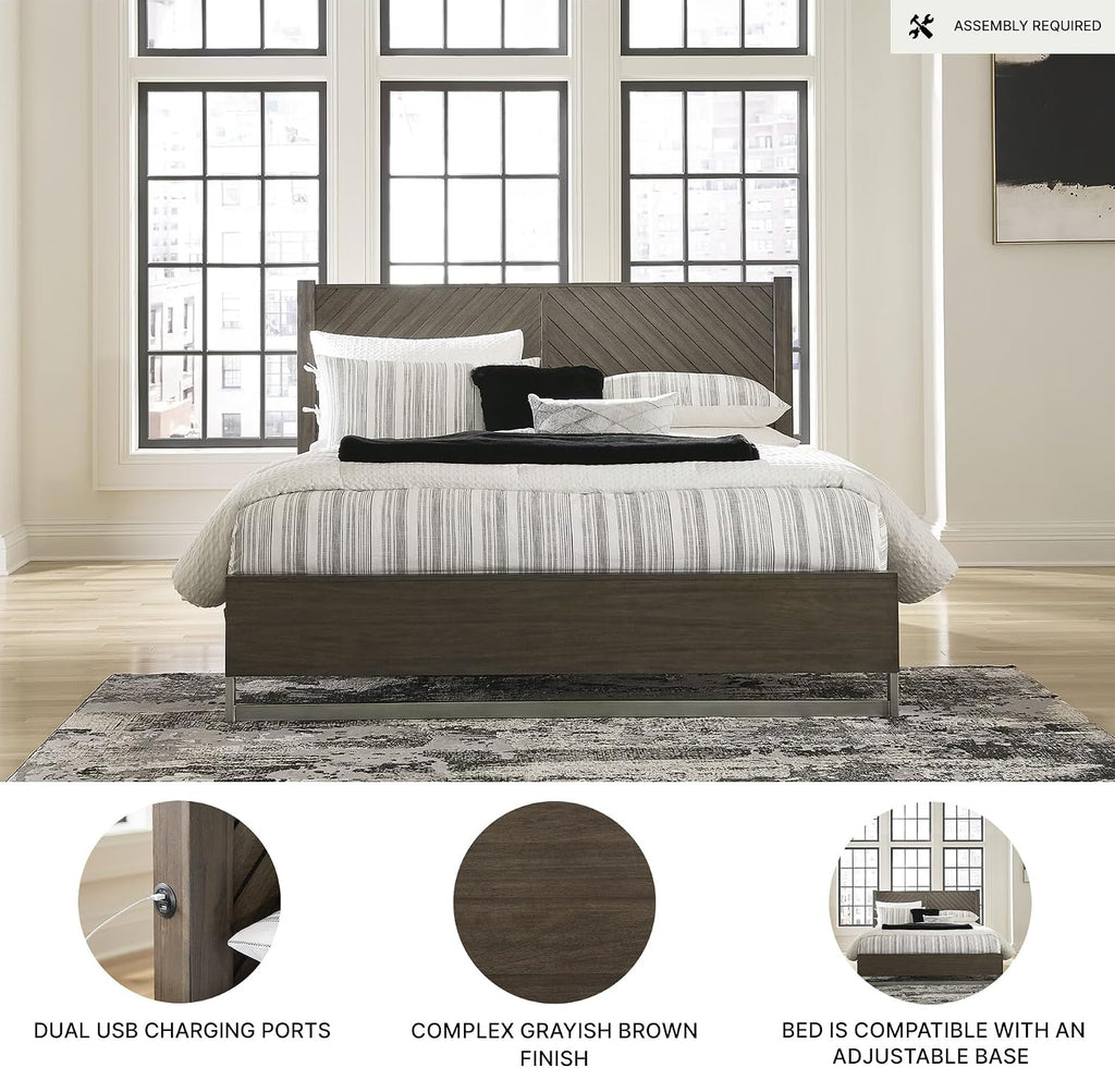Signature Design by Ashley Arkenton Contemporary California King Panel Bed with Dual USB Charging Ports, Foundation or Box Spring Needed, Dark Brown