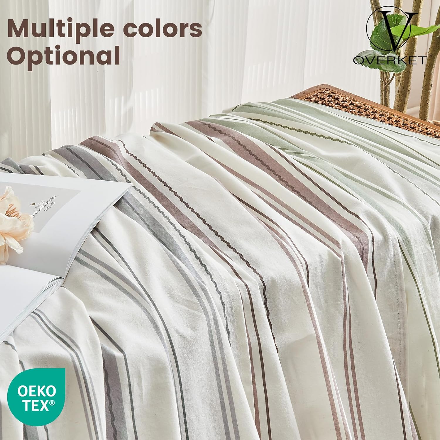 100% Linen Sheets Queen Size,Breathable & Durable 4-Piece Bed Flax Stripes Sheet Set,Soft All-Season Bedding for Hot Sleepers 16' Deep Pocket Oeko-TEX Certified,（Queen, Brown Stripes）