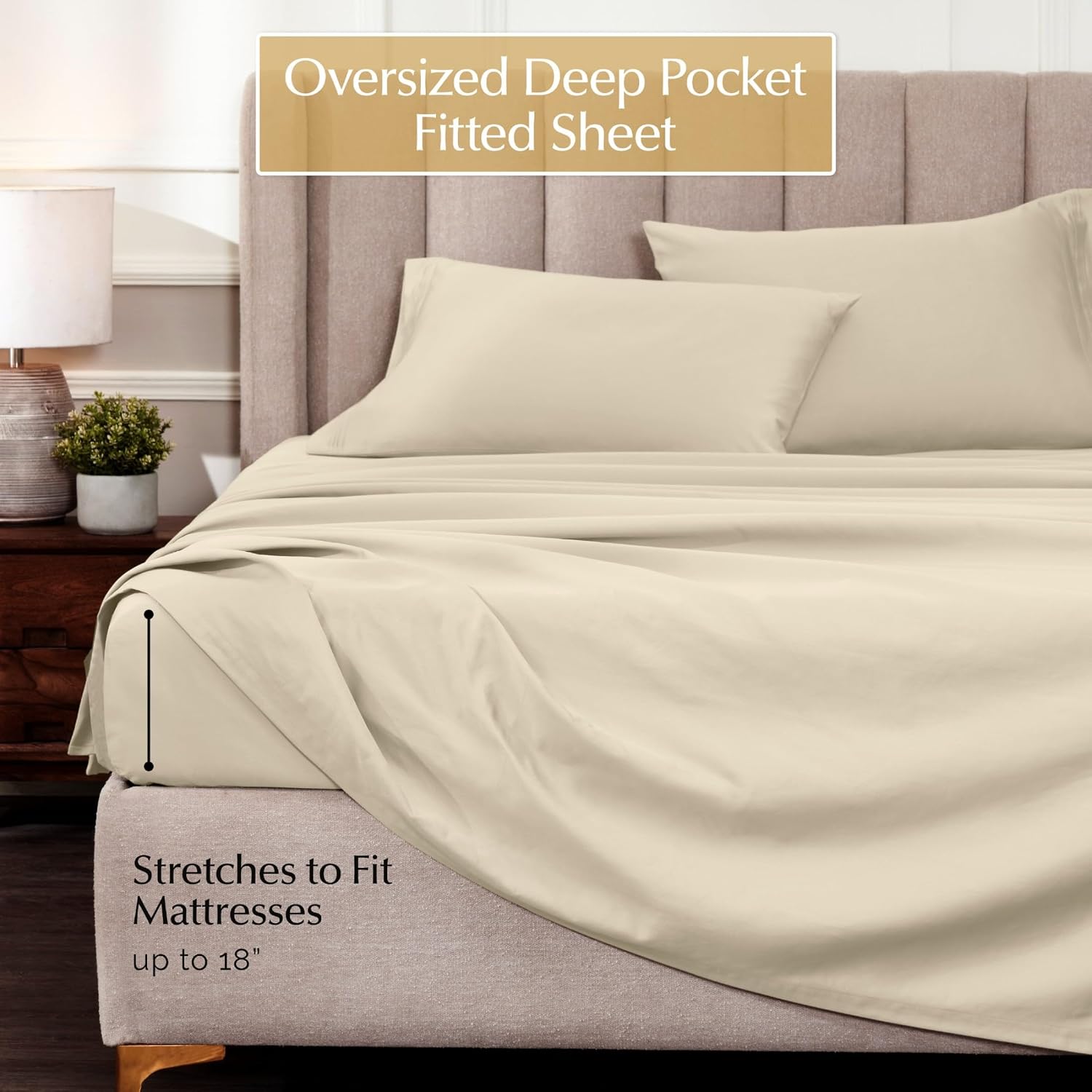 Superior Egyptian Cotton 4 Piece Sheet Set, Luxury 1000 Thread Count, Modern Design, Sustainable Sheets, Ultra-Soft Basics, Solid, Deep Pocket Fitted Sheet, Flat Sheet, Pillowcases, Queen, Ivory
