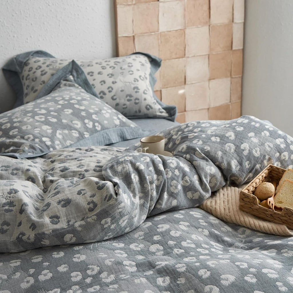 Jacquard Leopard Duvet Cover King Yarn-Dyed Linen Cotton Duvet Cover Vintage Grey Leopard Print Bedding Set Muslin Cotton Jacquard Comforter Cover Leopard Pattern Floral Duvet Cover for Men Women