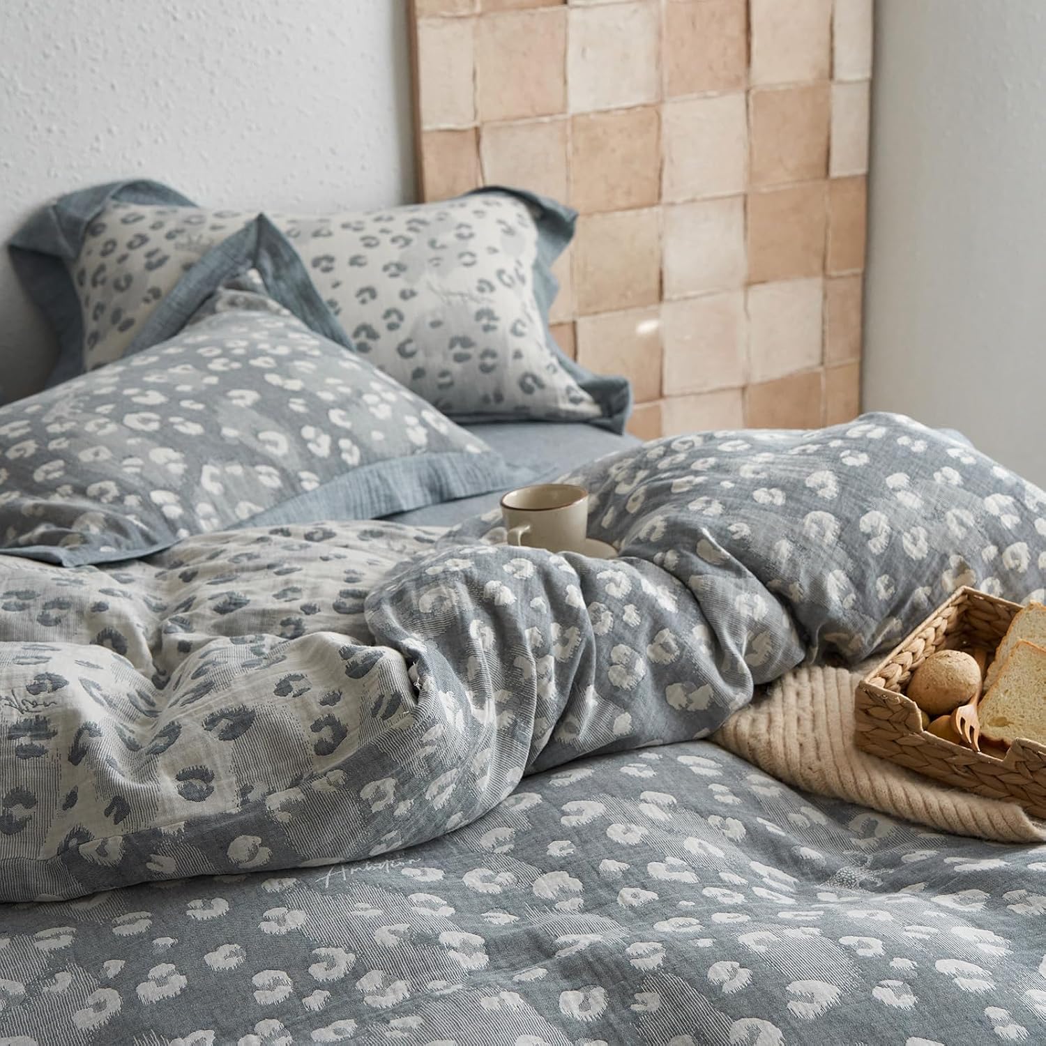 Jacquard Leopard Duvet Cover King Yarn-Dyed Linen Cotton Duvet Cover Vintage Grey Leopard Print Bedding Set Muslin Cotton Jacquard Comforter Cover Leopard Pattern Floral Duvet Cover for Men Women
