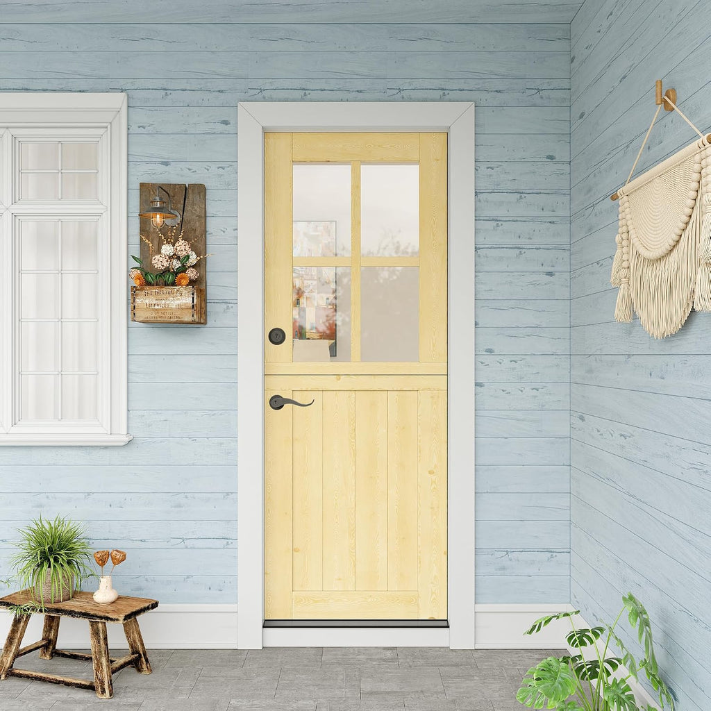 32' x 80' Exterior Dutch Entry Door (Front/Outside) - 1.75' Solid Pine with 4-Lite Glass, Half Panel,Interior Doors Slab for Home Entryway/Back w/4 Hinges+1 Latch +1 Slab+1 Lock Set